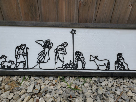 Nativity, Scene, Manger, Christmas, Winter, Christs Birth, Baby Jesus, Line Art, 3D, Raised Text Sign, Rustic, Farmhouse, Shabby Chic, Wood