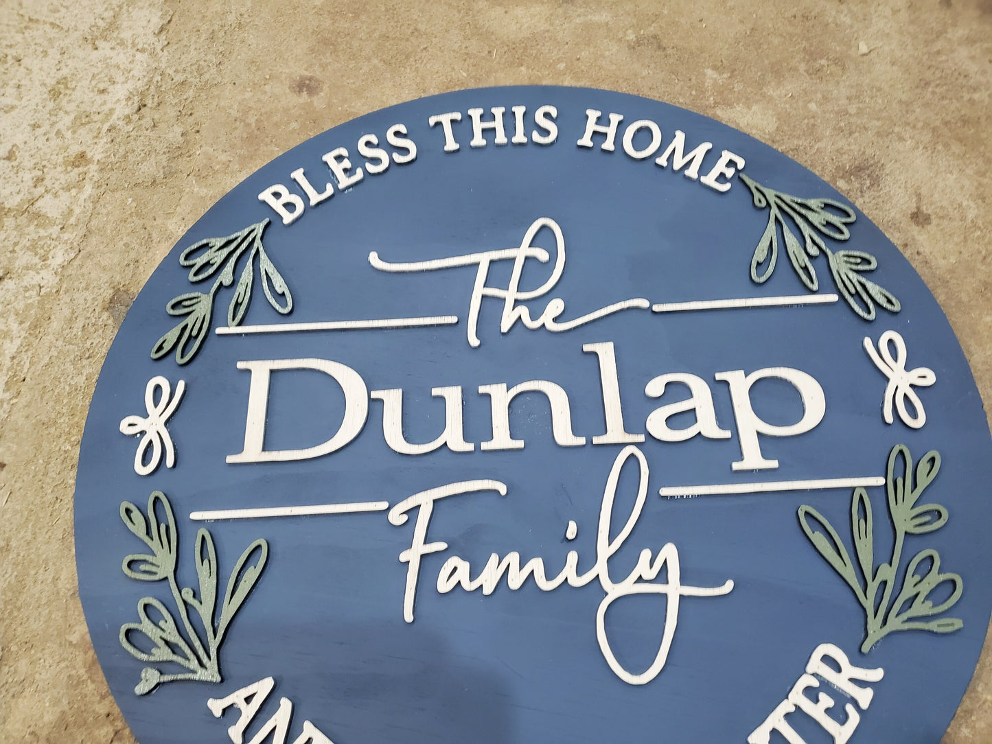 Custom Home Last Name Family Name Sign Bless this Home Door House Warming Established Circle Plaque Round Large 3D Raised Image Laser Cut