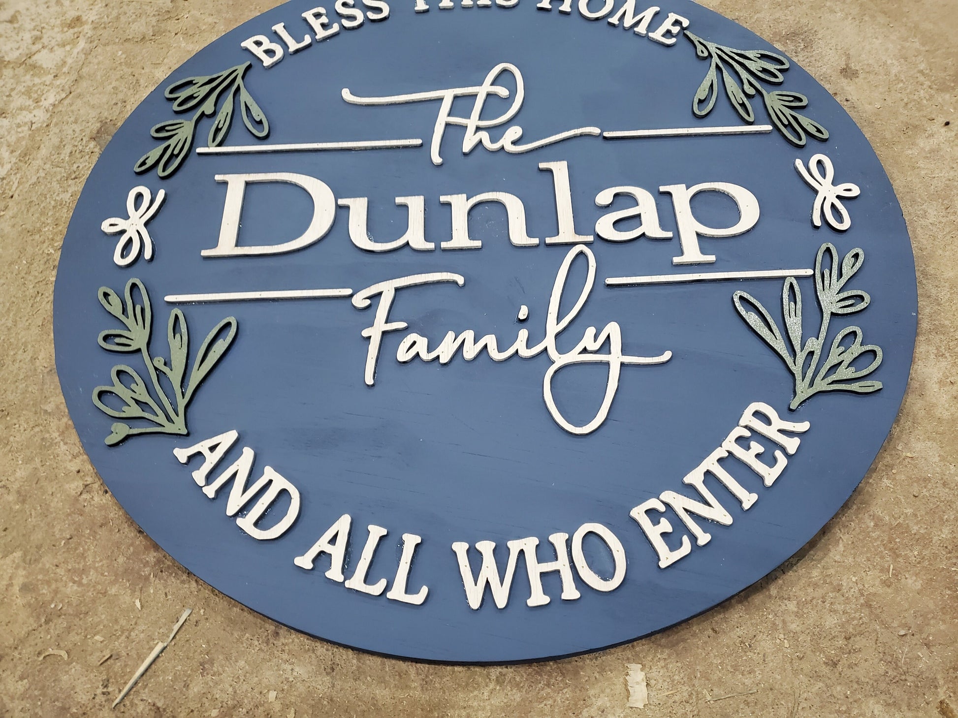 Custom Home Last Name Family Name Sign Bless this Home Door House Warming Established Circle Plaque Round Large 3D Raised Image Laser Cut