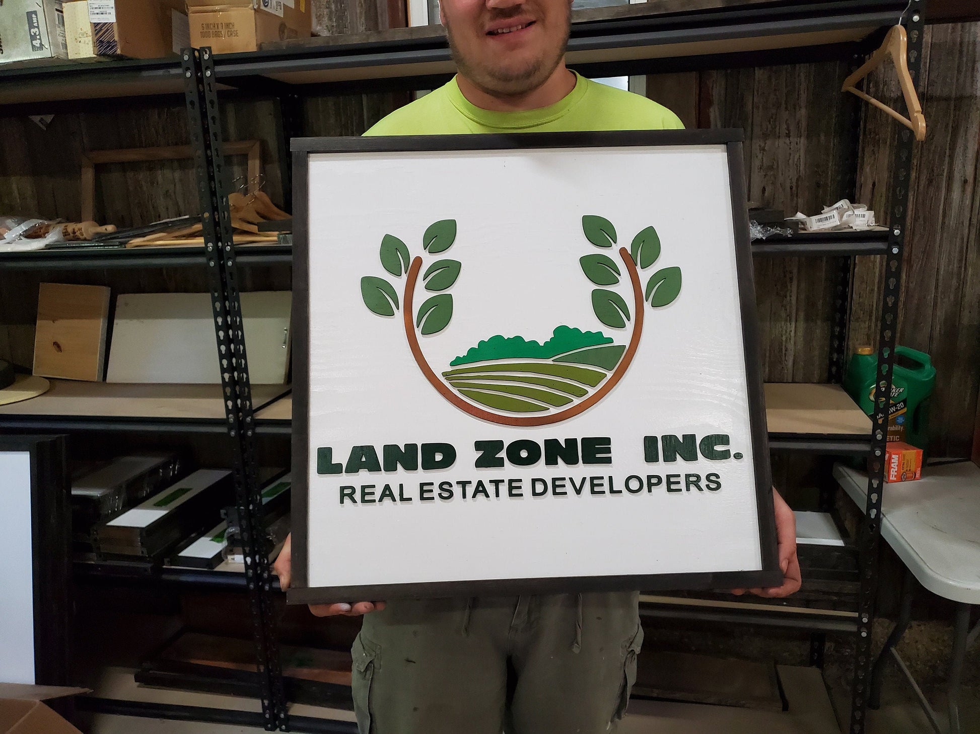 Land Management Real Estate Custom Business Logo Square Over-sized Rustic Wood Laser Cut Out 3D Extra Large Sign