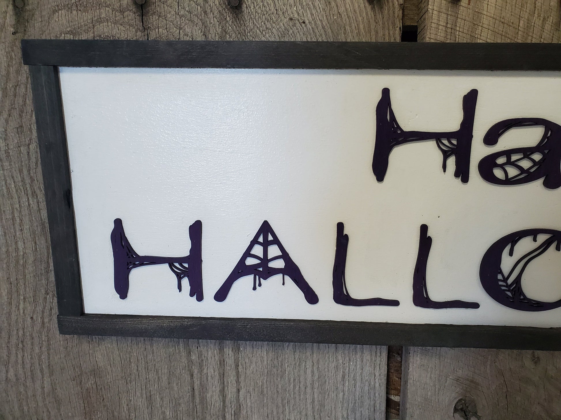 Happy Halloween Script Spider Web Graphic Purple Silhouette Line Art 3D Raised Text Sign Rustic Farmhouse Shabby Chic Wood
