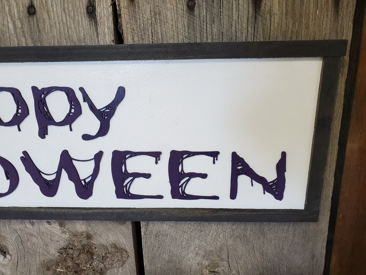 Happy Halloween Script Spider Web Graphic Purple Silhouette Line Art 3D Raised Text Sign Rustic Farmhouse Shabby Chic Wood