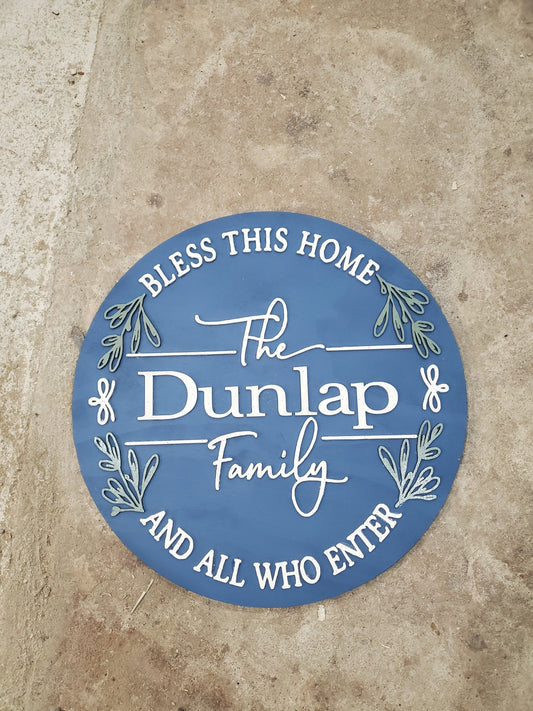 Custom Home Last Name Family Name Sign Bless this Home Door House Warming Established Circle Plaque Round Large 3D Raised Image Laser Cut