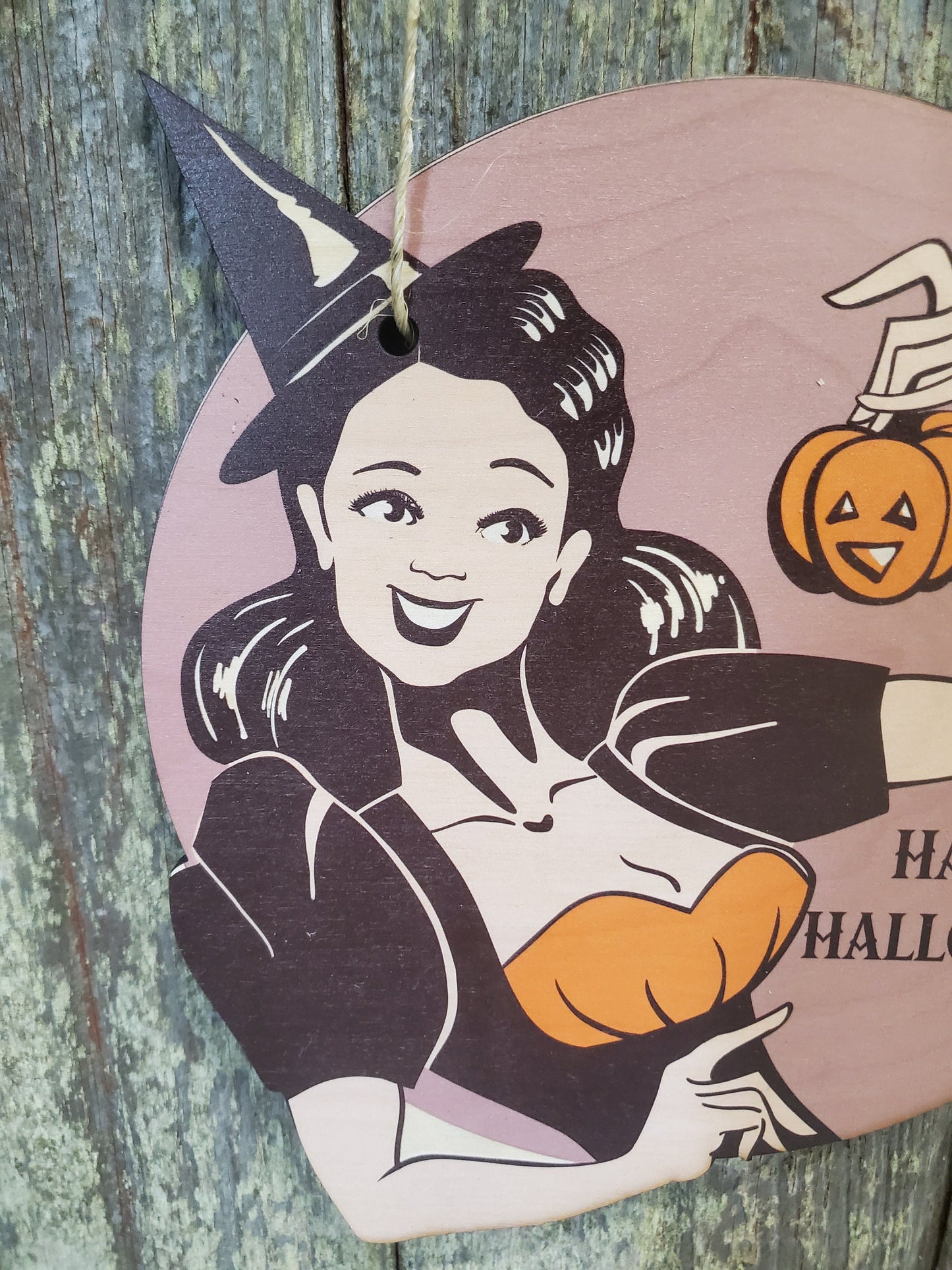 Vintage Witch Happy Halloween Retro Pin Up Girl Lady Wood Pumpkin Door Hanger Cut to Shape Front Door Entry Way Decor Plaque Wood Print