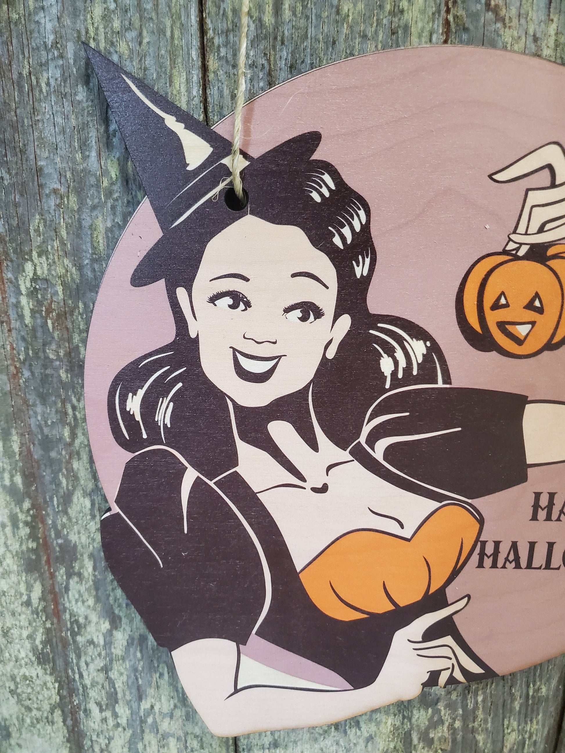 Vintage Witch Happy Halloween Retro Pin Up Girl Lady Wood Pumpkin Door Hanger Cut to Shape Front Door Entry Way Decor Plaque Wood Print