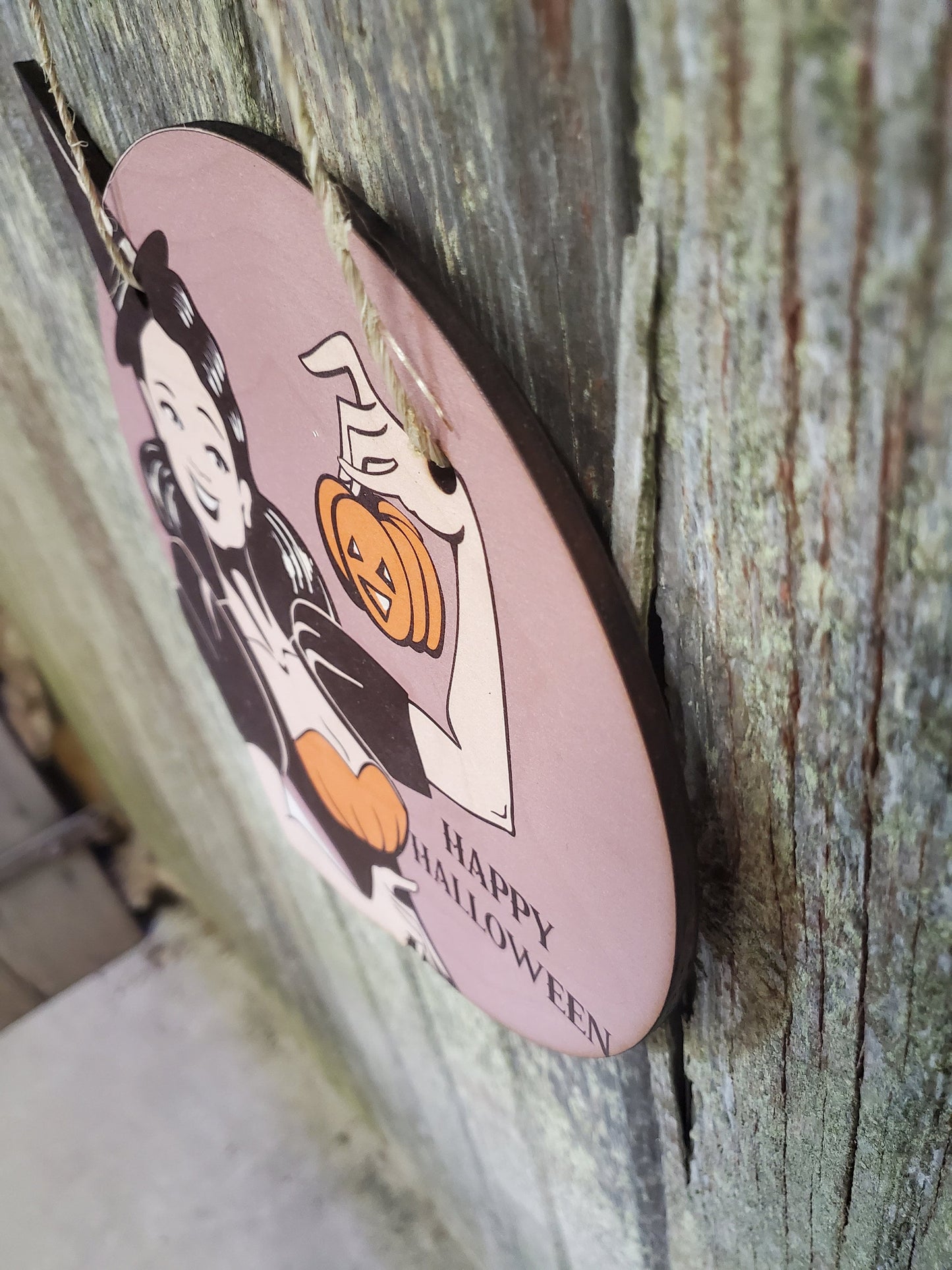 Vintage Witch Happy Halloween Retro Pin Up Girl Lady Wood Pumpkin Door Hanger Cut to Shape Front Door Entry Way Decor Plaque Wood Print