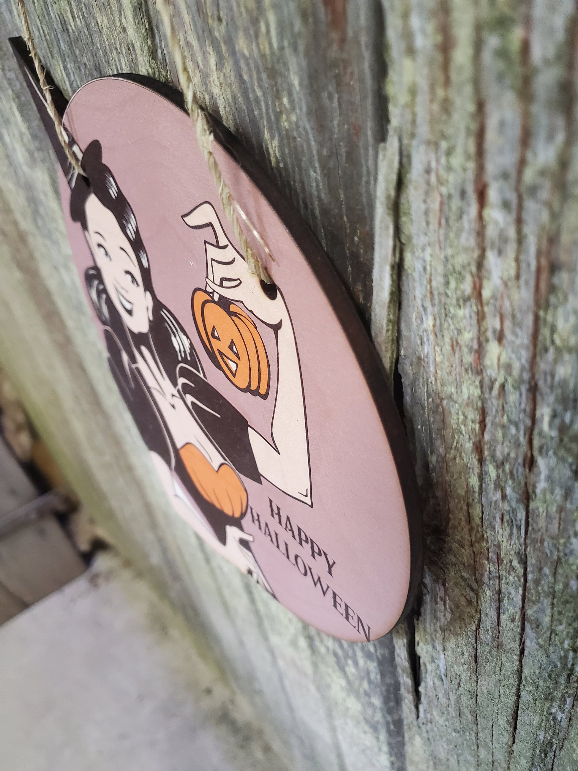 Vintage Witch Happy Halloween Retro Pin Up Girl Lady Wood Pumpkin Door Hanger Cut to Shape Front Door Entry Way Decor Plaque Wood Print
