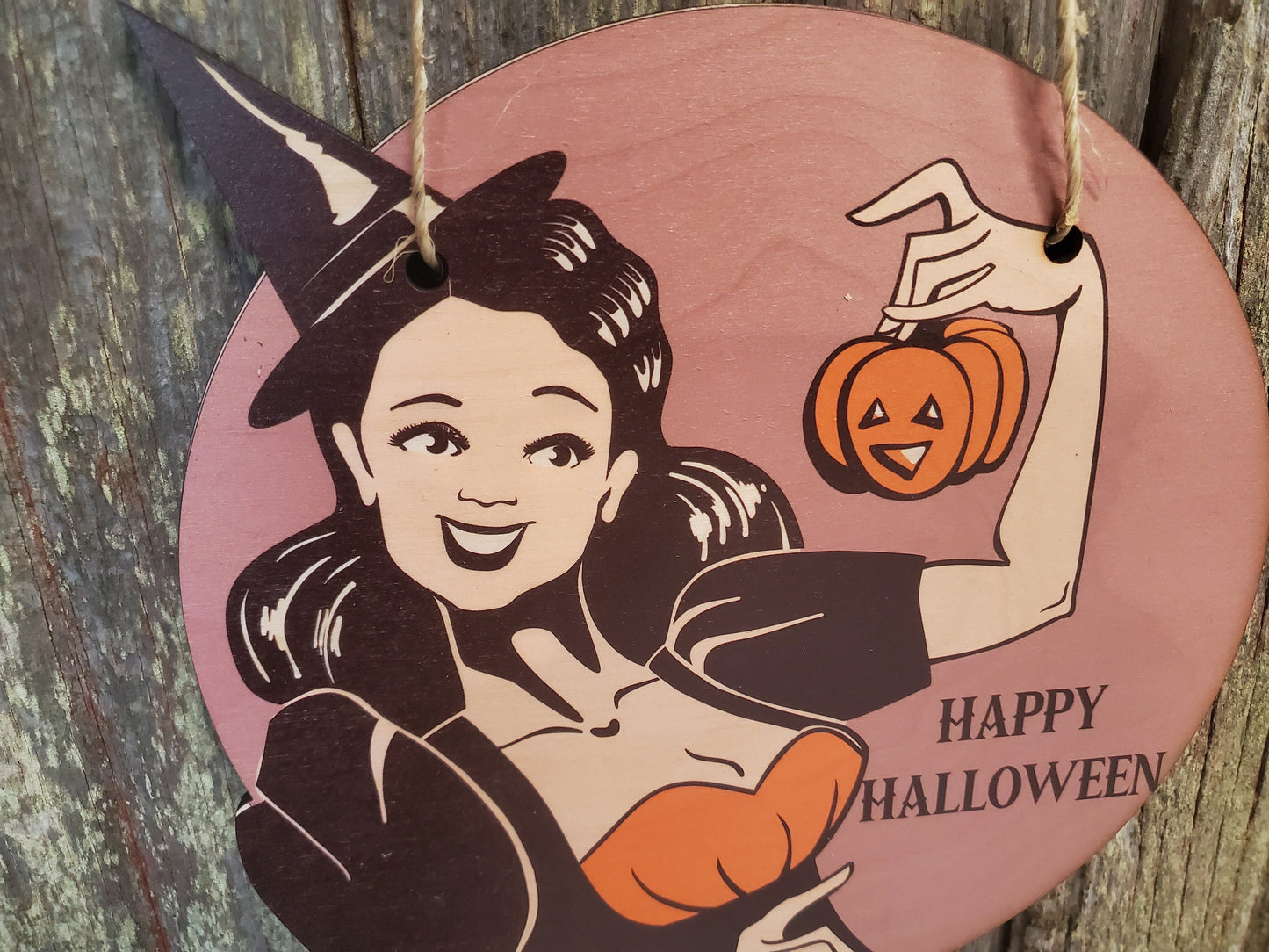 Vintage Witch Happy Halloween Retro Pin Up Girl Lady Wood Pumpkin Door Hanger Cut to Shape Front Door Entry Way Decor Plaque Wood Print