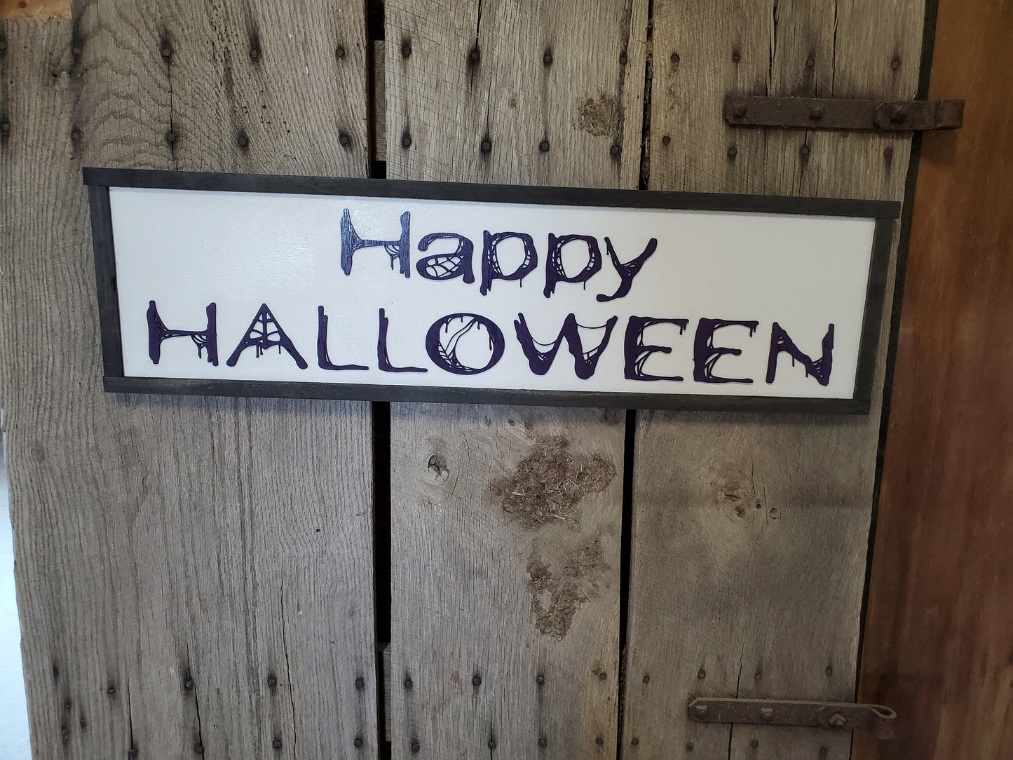 Happy Halloween Script Spider Web Graphic Purple Silhouette Line Art 3D Raised Text Sign Rustic Farmhouse Shabby Chic Wood