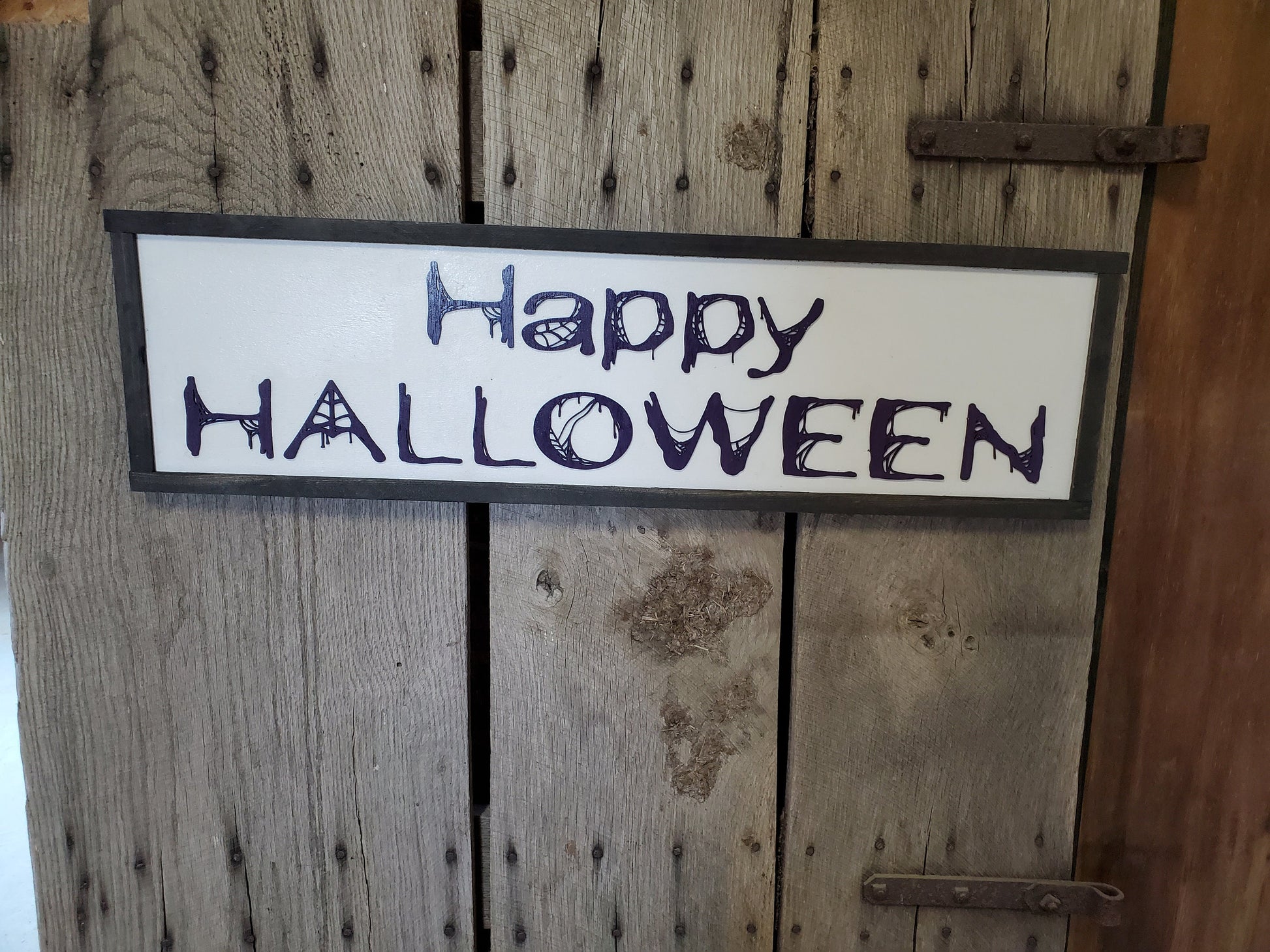 Happy Halloween Script Spider Web Graphic Purple Silhouette Line Art 3D Raised Text Sign Rustic Farmhouse Shabby Chic Wood