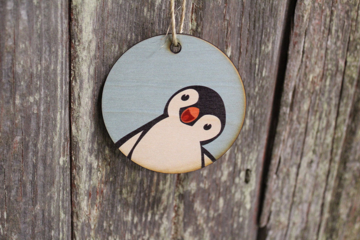 Set of 3 Penguin Friendly Winter Christmas Hi Chubby Little Friend Décor Wood Circle Hanger Sign Ornament Keychain Gift Cute Unique