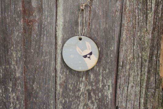 Cool Llama Alpaca White Furry Sunglasses Ornament Friendly Winter Christmas Décor Wood Circle Hanger Sign Keychain Gift Cute Unique