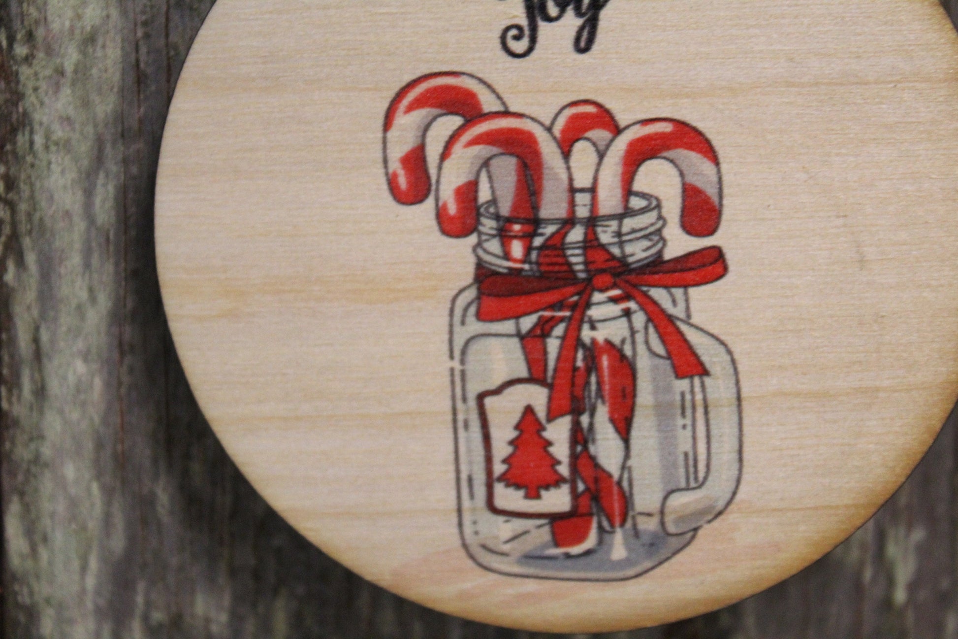 Candy Cane Christmas Decoration Mason Jar Winter Joy Red Keychain Décor Wood Circle Sign Gift Cute