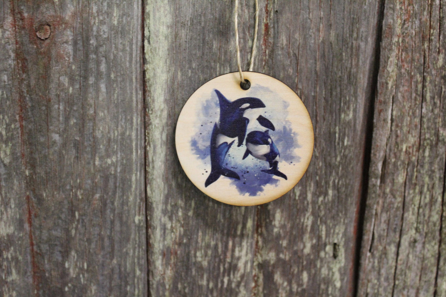 Killer Whale Watercolor Mommy Calf Baby Ornament Orca Whales Keychain Ocean Decoration Décor Wood Circle Sign Gift Cute