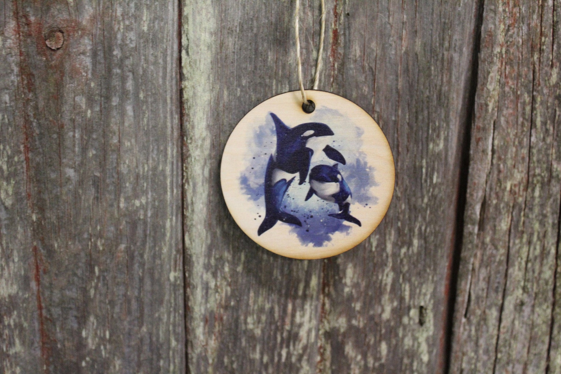 Killer Whale Watercolor Mommy Calf Baby Ornament Orca Whales Keychain Ocean Decoration Décor Wood Circle Sign Gift Cute