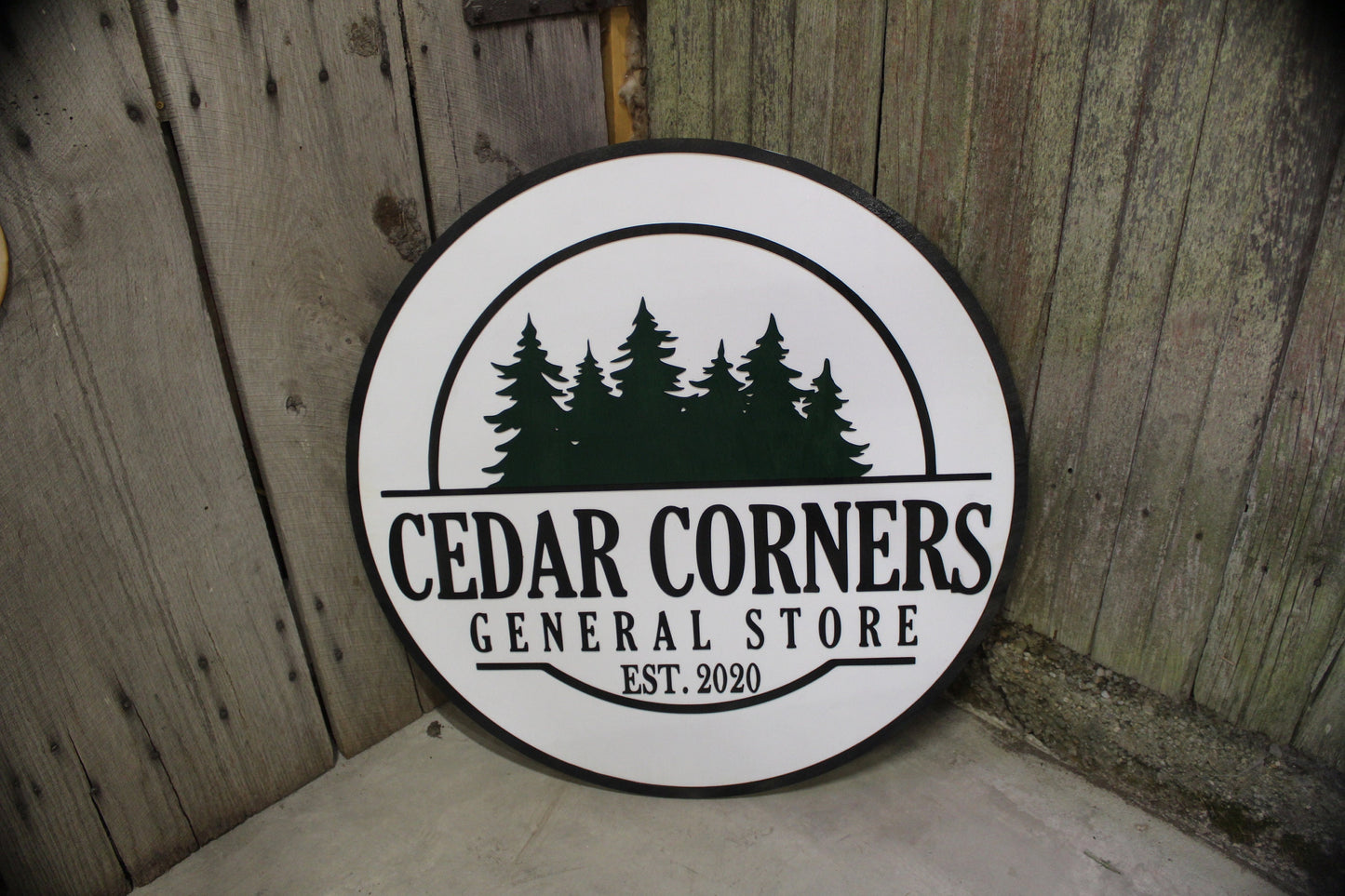 General Store Sign Small Business Round Sign Raised Text Commercial Signage 3D Your Logo Extra Large Rings Established Pine Trees Custom