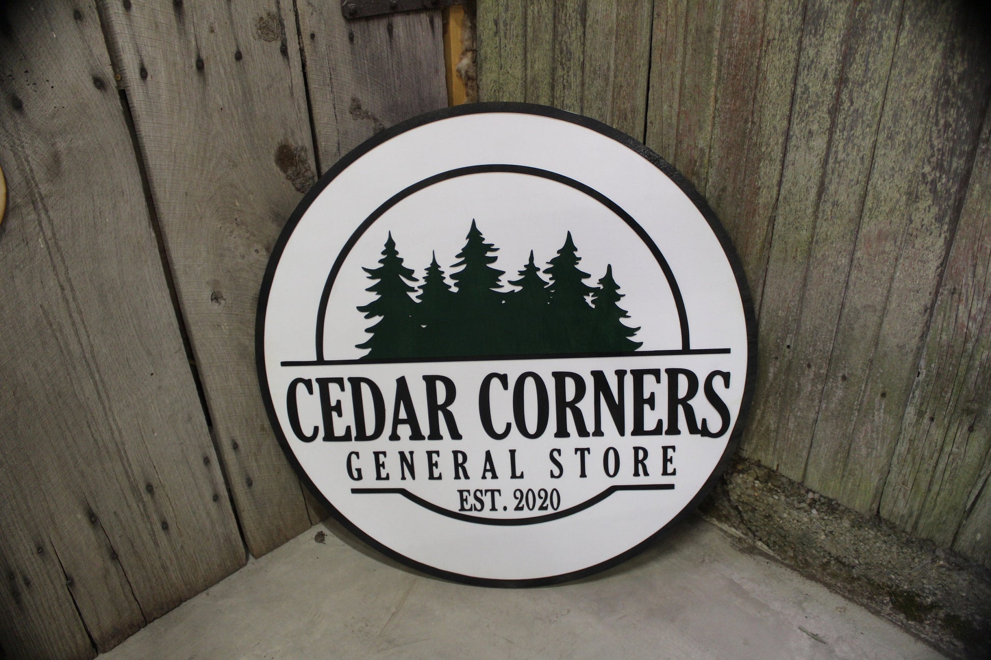 General Store Sign Small Business Round Sign Raised Text Commercial Signage 3D Your Logo Extra Large Rings Established Pine Trees Custom