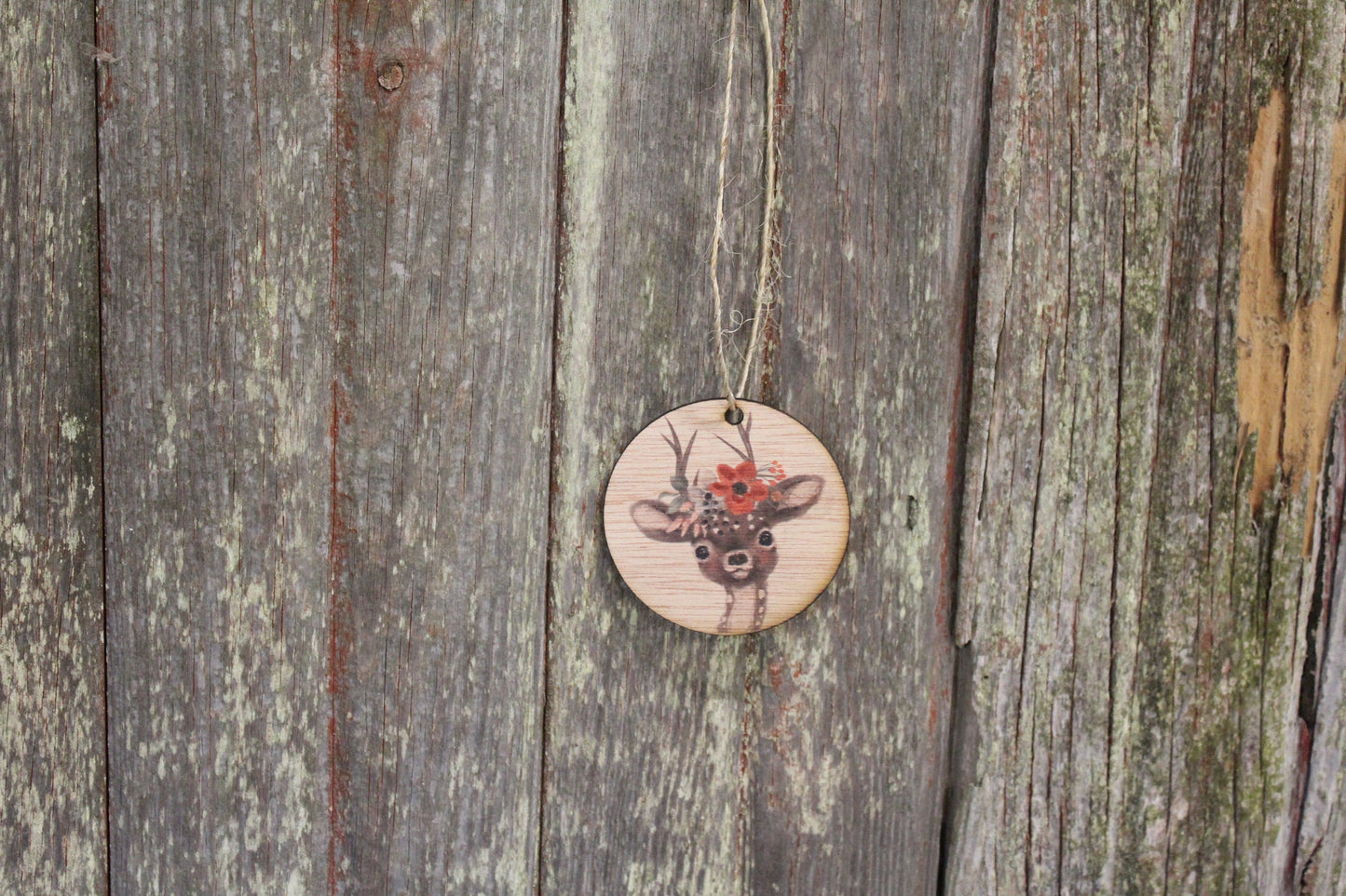 Christmas Deer Floral Wreath Headpiece Ornament Baby Fawn Winter Flowers Face Ears Spots Wall Hanging Tree Rustic Farmhouse Wood