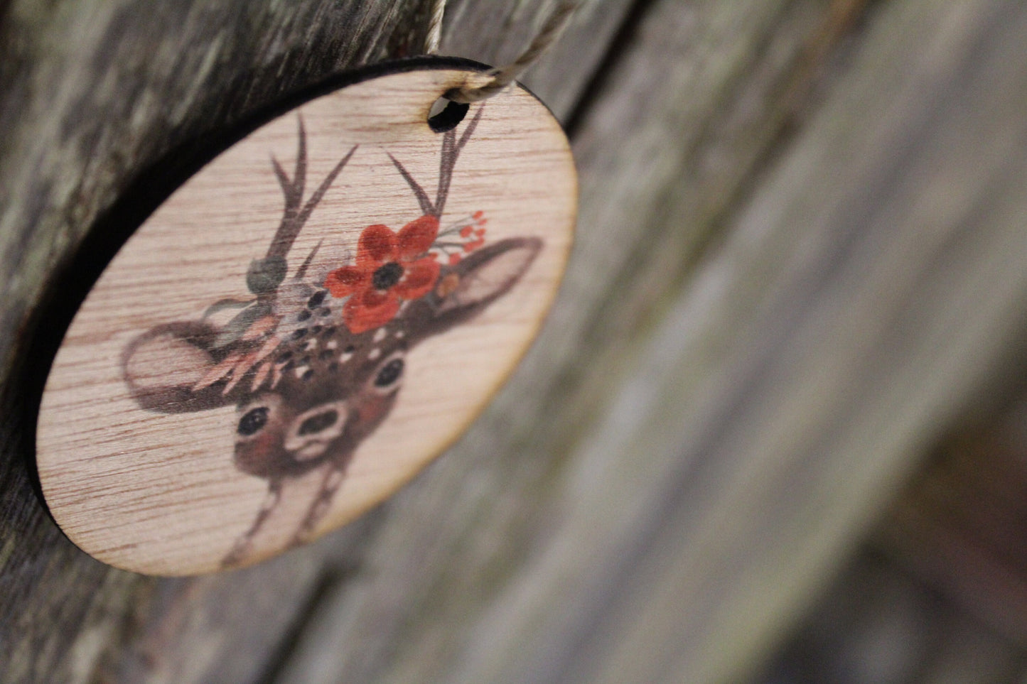 Christmas Deer Floral Wreath Headpiece Ornament Baby Fawn Winter Flowers Face Ears Spots Wall Hanging Tree Rustic Farmhouse Wood