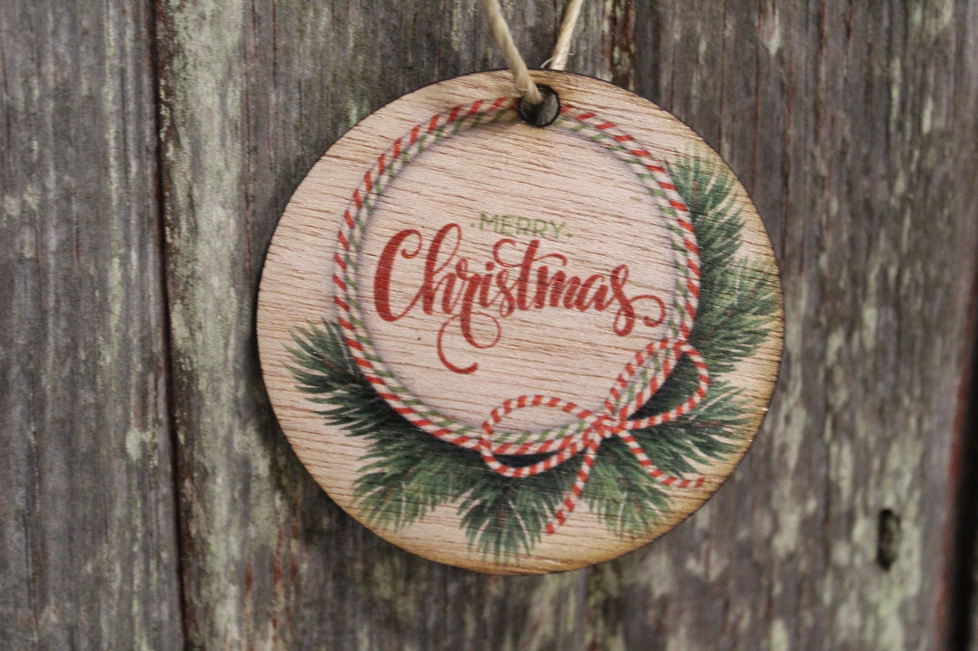 Ornament Merry Christmas Evergreen Wreath Red Green Pine Wood Wall Hanging Tree Rustic Farmhouse Wood Ribbon Script Text