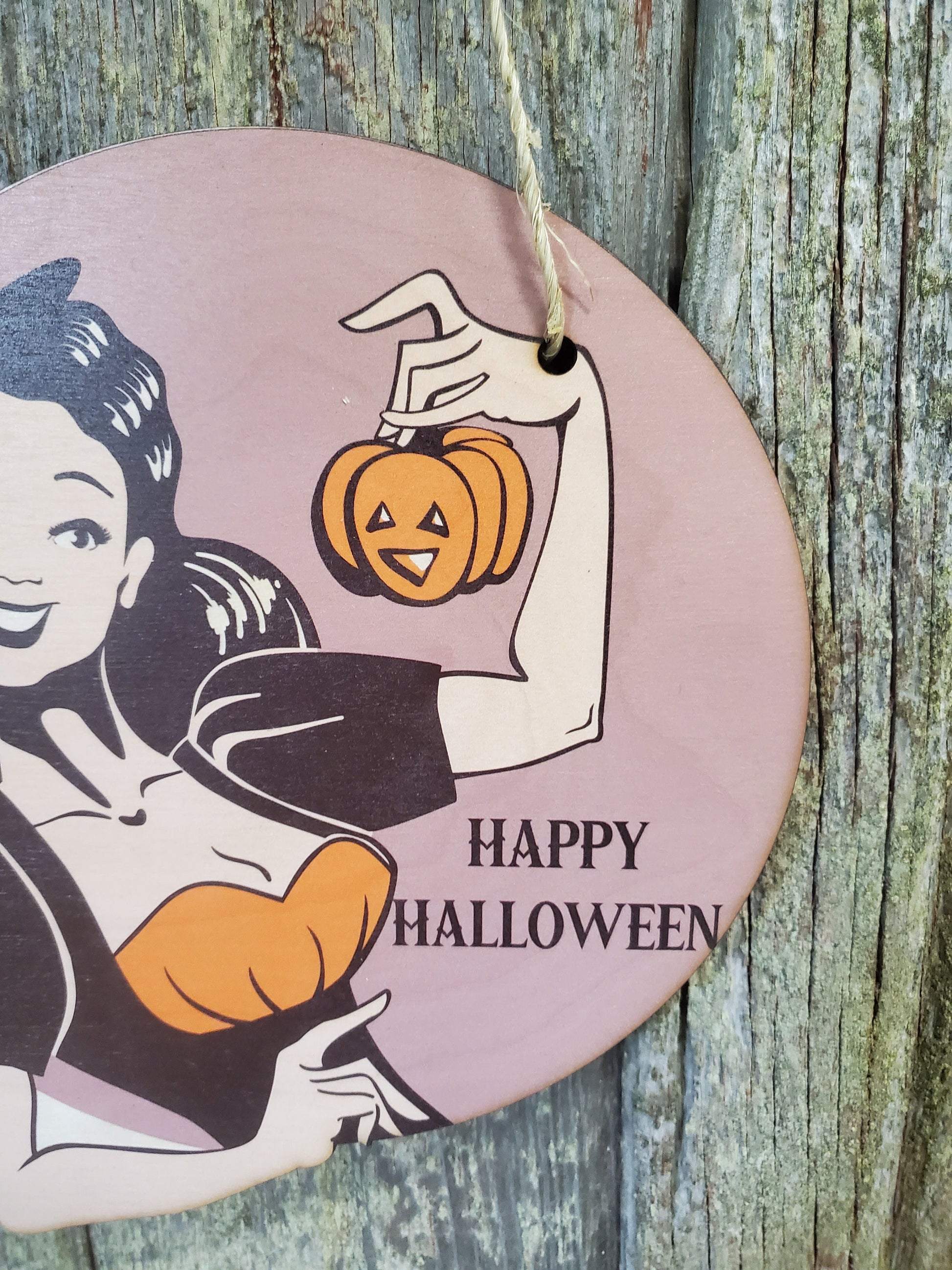 Vintage Witch Happy Halloween Retro Pin Up Girl Lady Wood Pumpkin Door Hanger Cut to Shape Front Door Entry Way Decor Plaque Wood Print