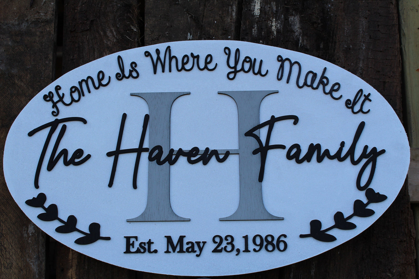 Custom Monogram Last Name Sign Wood Oval Personalized Family Wedding Gift Established Date Home is Where You Make It Raised 3D Script Laurel