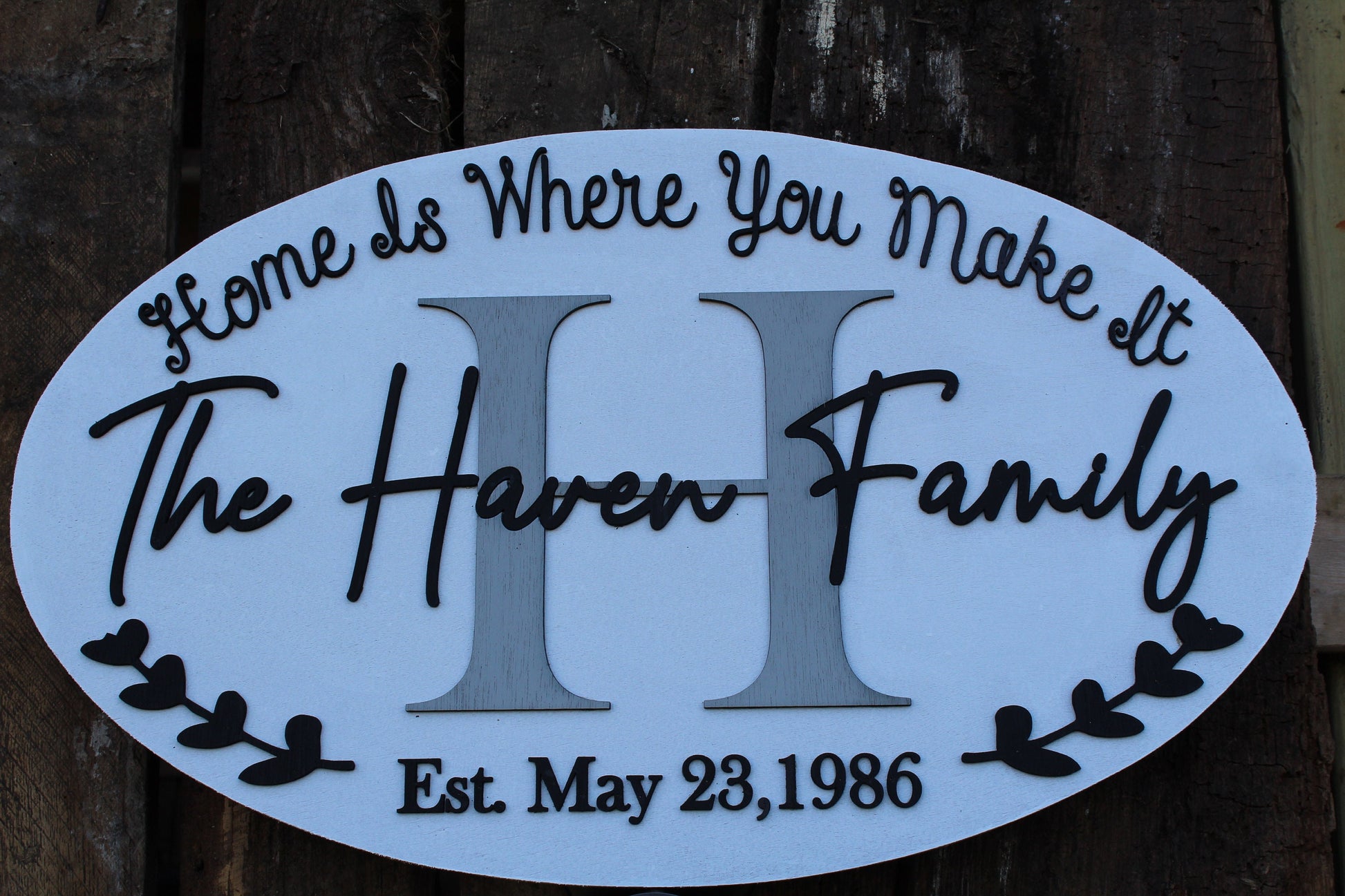 Custom Monogram Last Name Sign Wood Oval Personalized Family Wedding Gift Established Date Home is Where You Make It Raised 3D Script Laurel