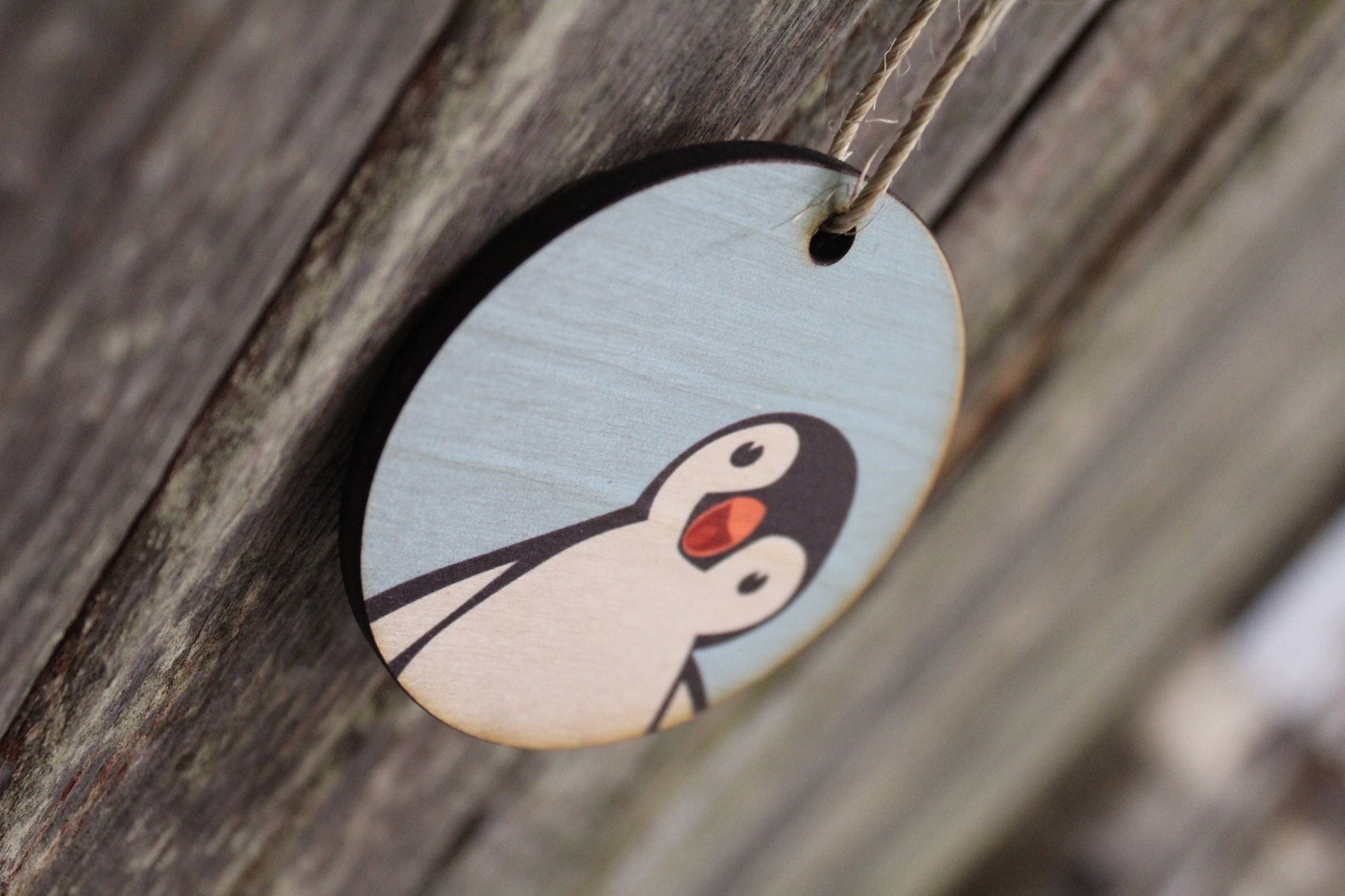 Set of 3 Penguin Friendly Winter Christmas Hi Chubby Little Friend Décor Wood Circle Hanger Sign Ornament Keychain Gift Cute Unique