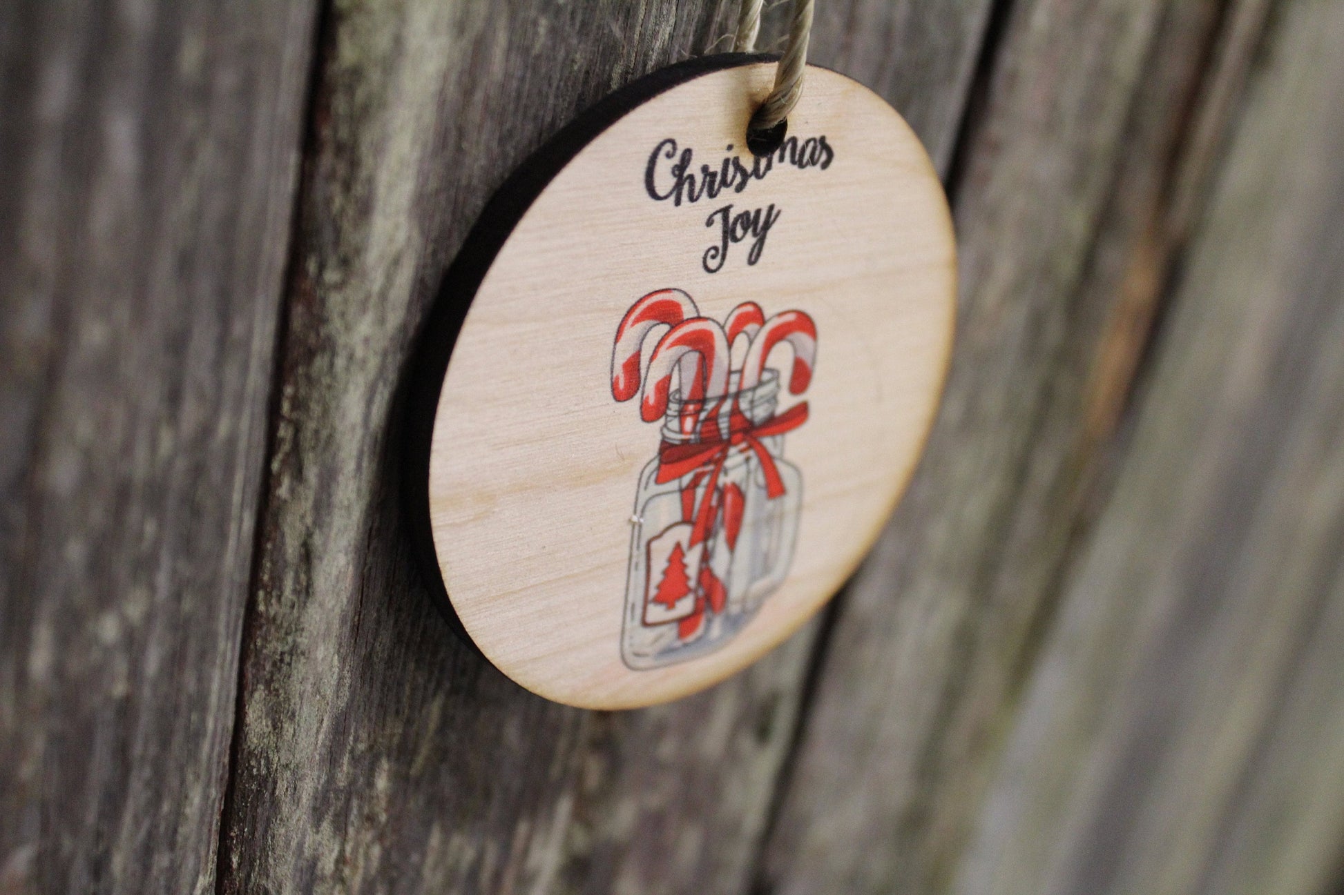 Candy Cane Christmas Decoration Mason Jar Winter Joy Red Keychain Décor Wood Circle Sign Gift Cute
