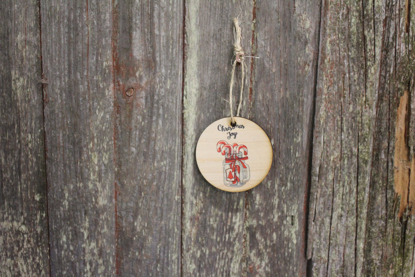 Candy Cane Christmas Decoration Mason Jar Winter Joy Red Keychain Décor Wood Circle Sign Gift Cute