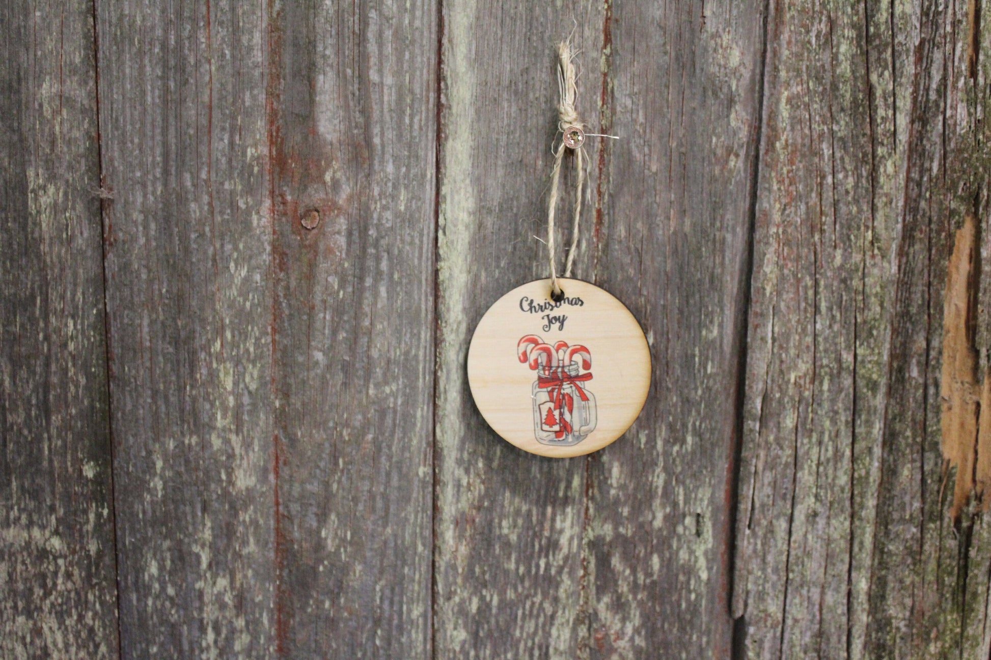 Candy Cane Christmas Decoration Mason Jar Winter Joy Red Keychain Décor Wood Circle Sign Gift Cute