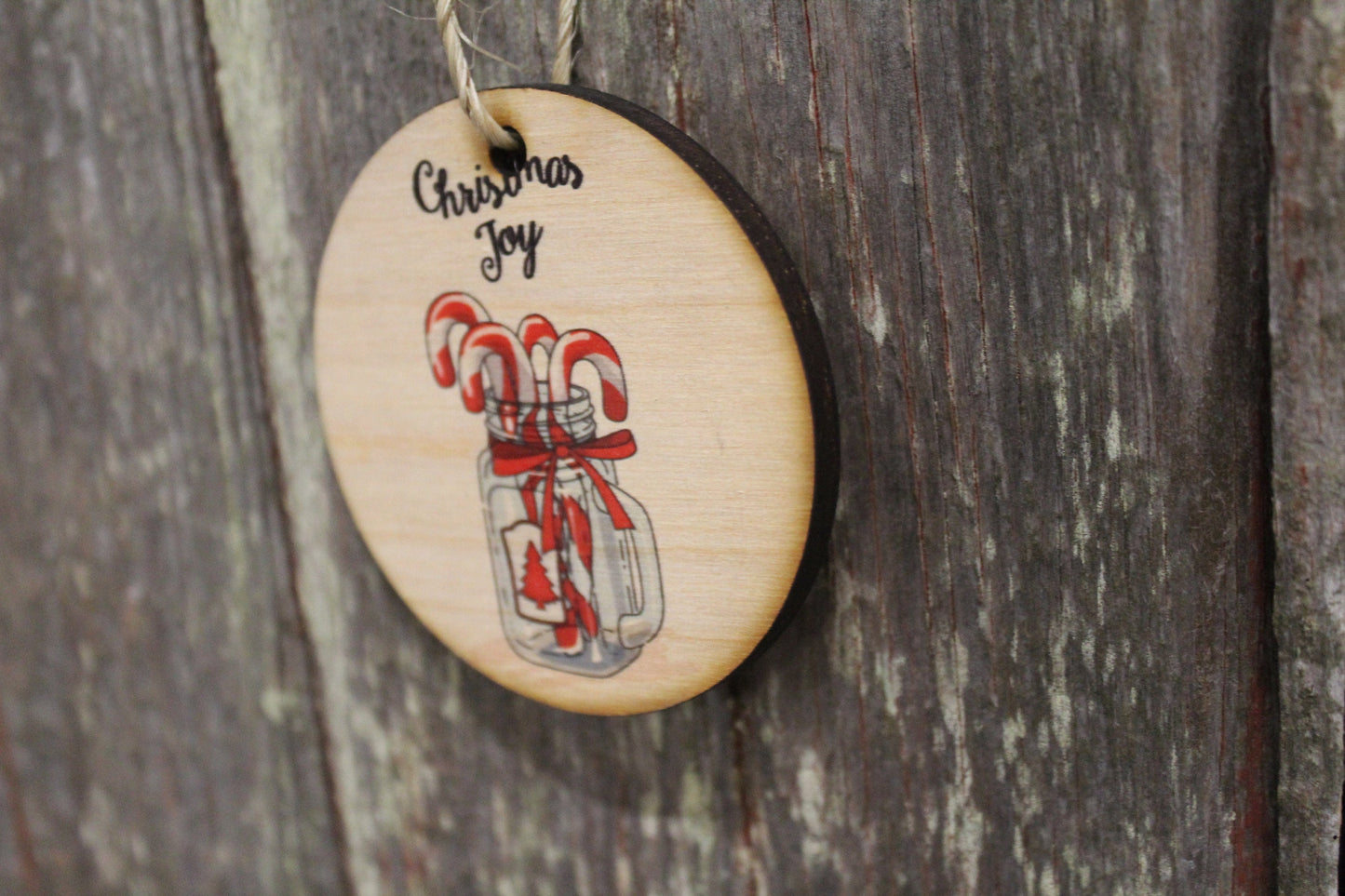 Candy Cane Christmas Decoration Mason Jar Winter Joy Red Keychain Décor Wood Circle Sign Gift Cute