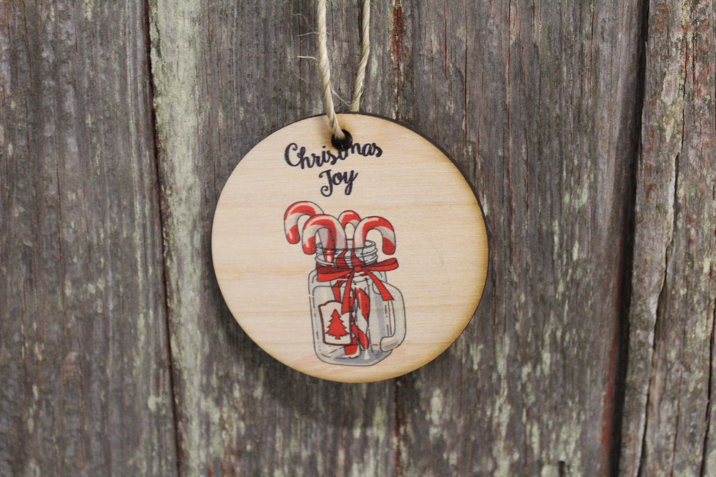 Candy Cane Christmas Decoration Mason Jar Winter Joy Red Keychain Décor Wood Circle Sign Gift Cute