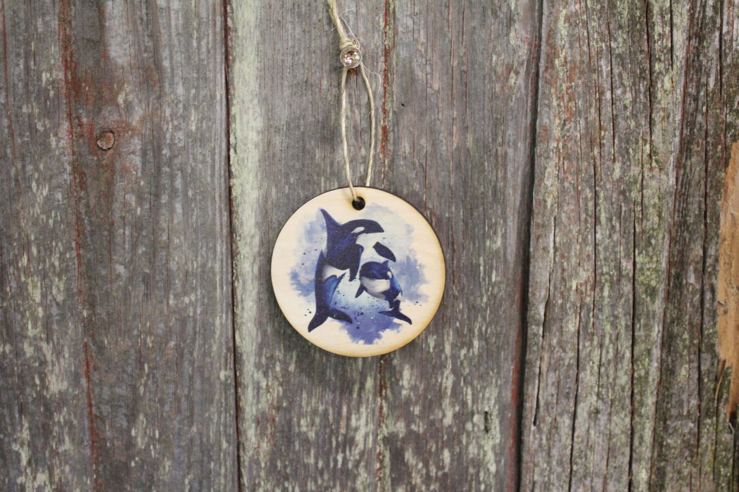 Killer Whale Watercolor Mommy Calf Baby Ornament Orca Whales Keychain Ocean Decoration Décor Wood Circle Sign Gift Cute