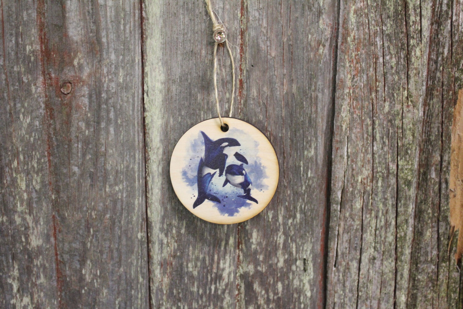 Killer Whale Watercolor Mommy Calf Baby Ornament Orca Whales Keychain Ocean Decoration Décor Wood Circle Sign Gift Cute