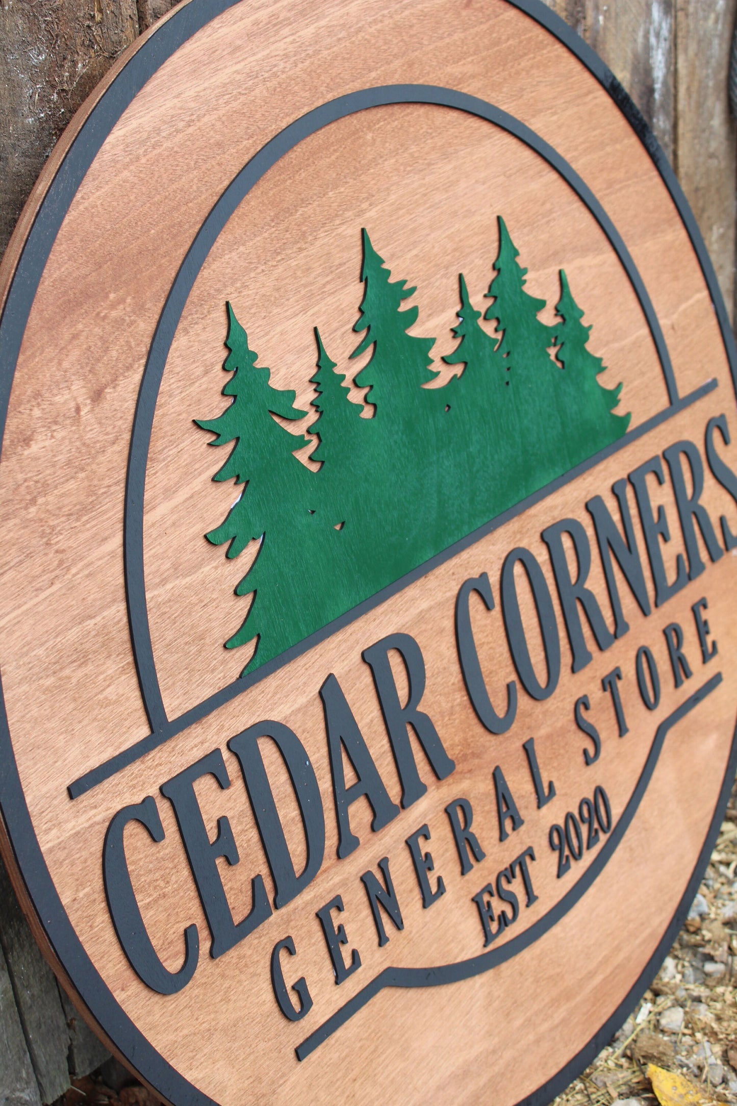 General Store Sign Small Business Round Sign Raised Text Commercial Signage 3D Your Logo Extra Large Rings Established Pine Trees Custom