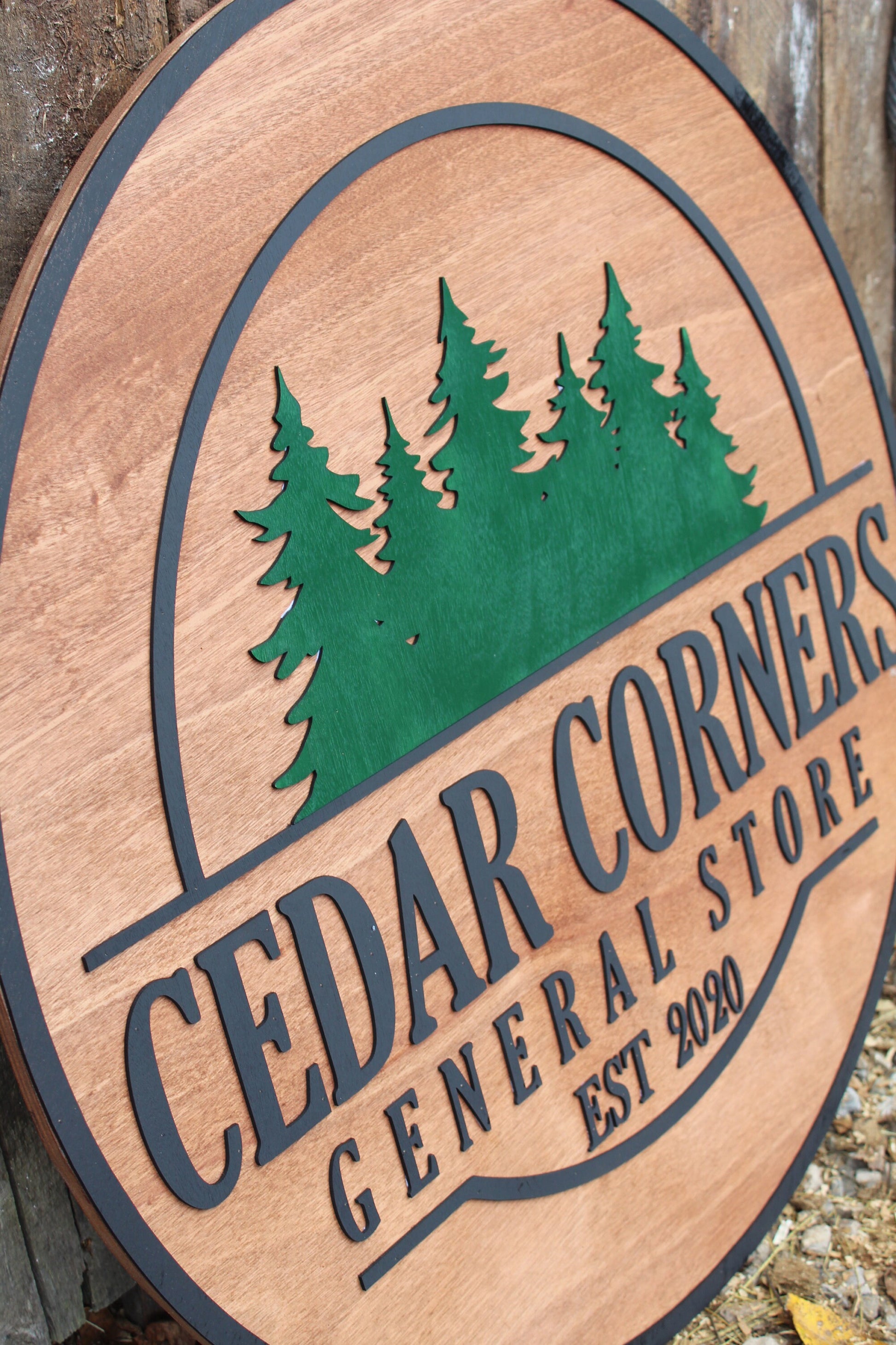 General Store Sign Small Business Round Sign Raised Text Commercial Signage 3D Your Logo Extra Large Rings Established Pine Trees Custom
