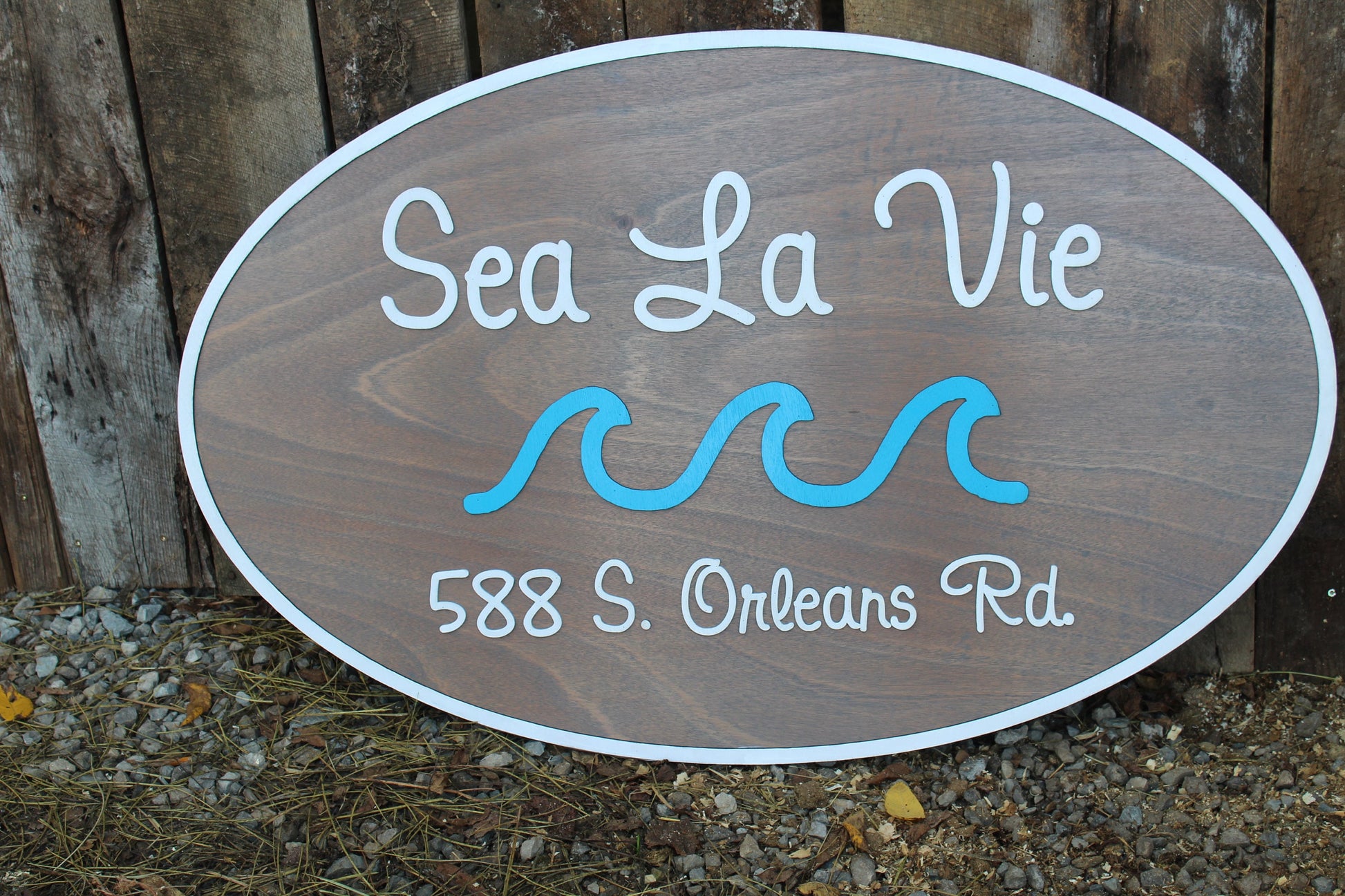 Custom Wood Sign Beach House Ocean Address Sign Entrance Way Gray Business Logo Laser Cut Out Large Oval Custom Wood Sign 3D Raised Text