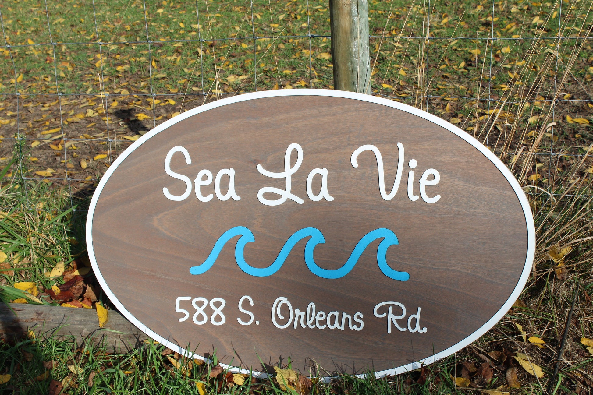 Custom Wood Sign Beach House Ocean Address Sign Entrance Way Gray Business Logo Laser Cut Out Large Oval Custom Wood Sign 3D Raised Text