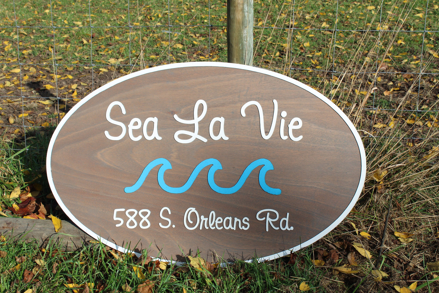 Custom Wood Sign Beach House Ocean Address Sign Entrance Way Gray Business Logo Laser Cut Out Large Oval Custom Wood Sign 3D Raised Text