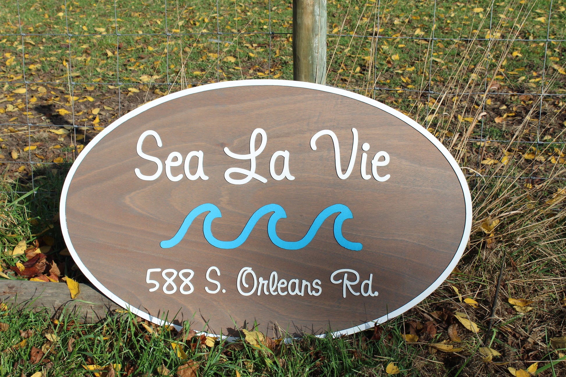 Custom Wood Sign Beach House Ocean Address Sign Entrance Way Gray Business Logo Laser Cut Out Large Oval Custom Wood Sign 3D Raised Text