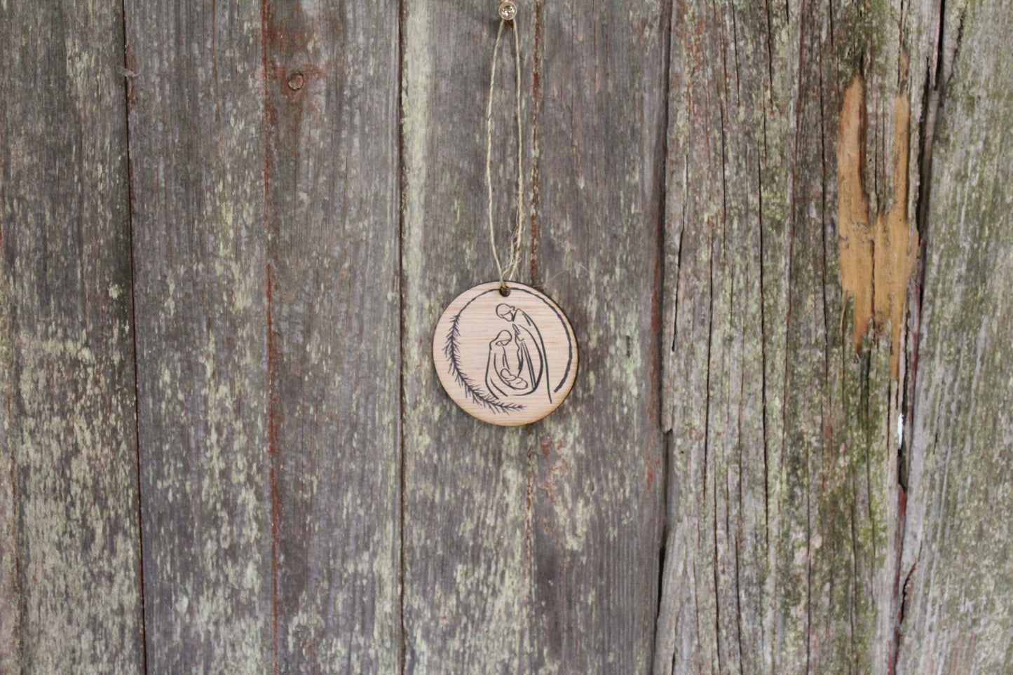 Nativity Wreath Ornament Scene Manger Christmas Christs Birth Baby Jesus Line Art Wall Hanging Tree Rustic Farmhouse Shabby Chic Wood