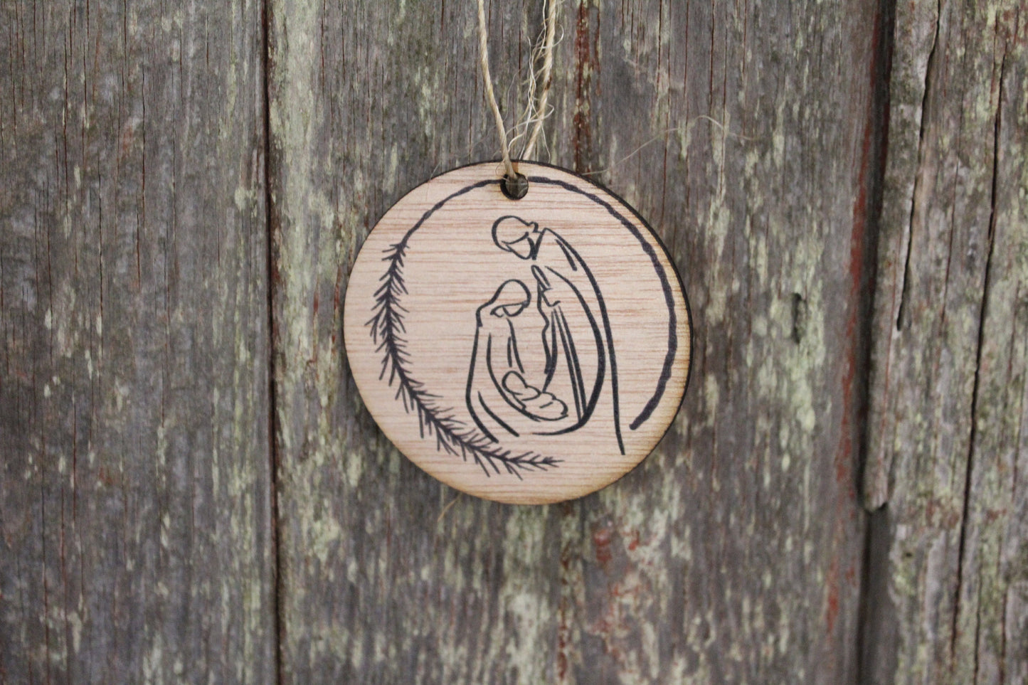 Nativity Wreath Ornament Scene Manger Christmas Christs Birth Baby Jesus Line Art Wall Hanging Tree Rustic Farmhouse Shabby Chic Wood