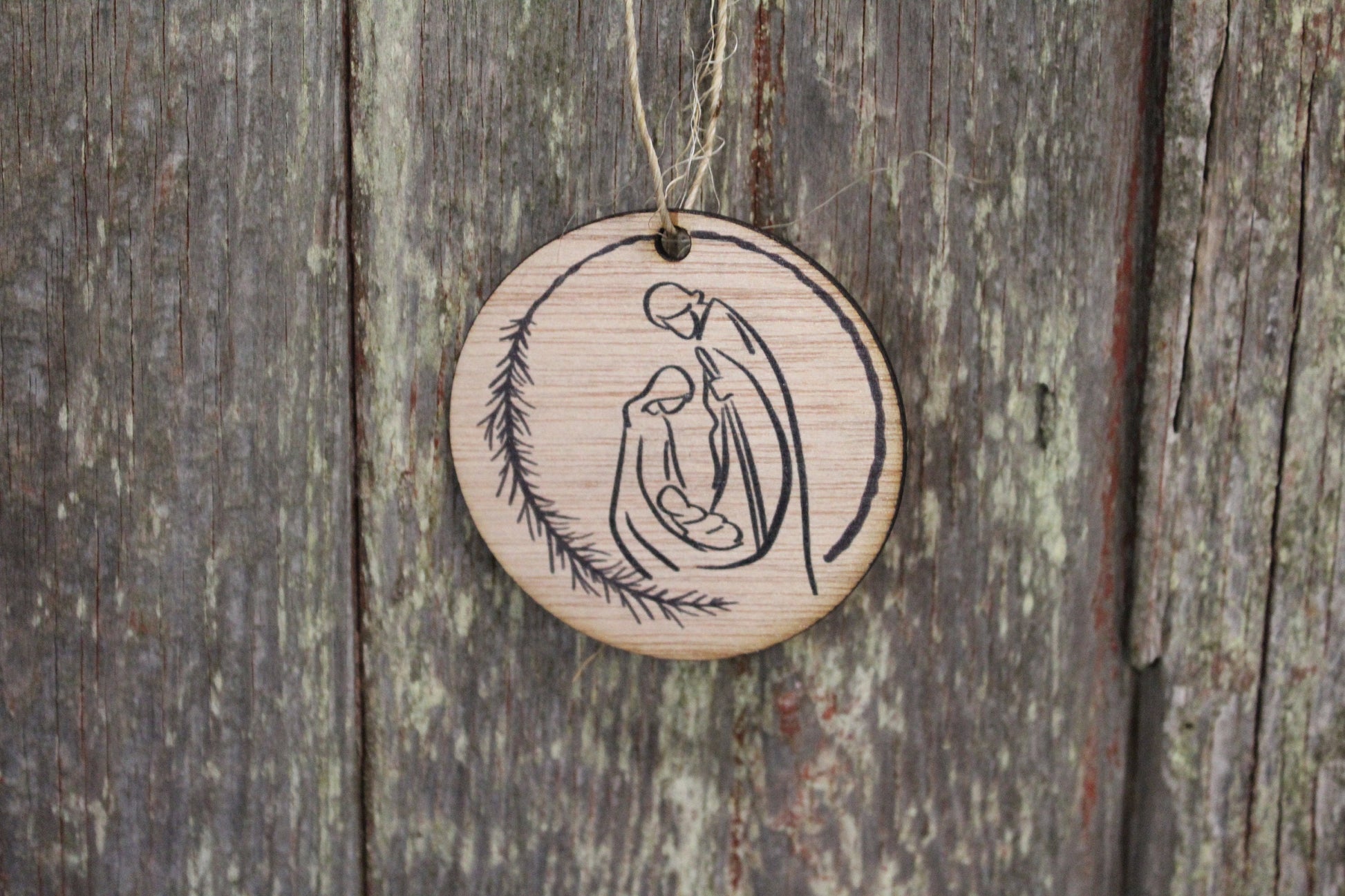 Nativity Wreath Ornament Scene Manger Christmas Christs Birth Baby Jesus Line Art Wall Hanging Tree Rustic Farmhouse Shabby Chic Wood