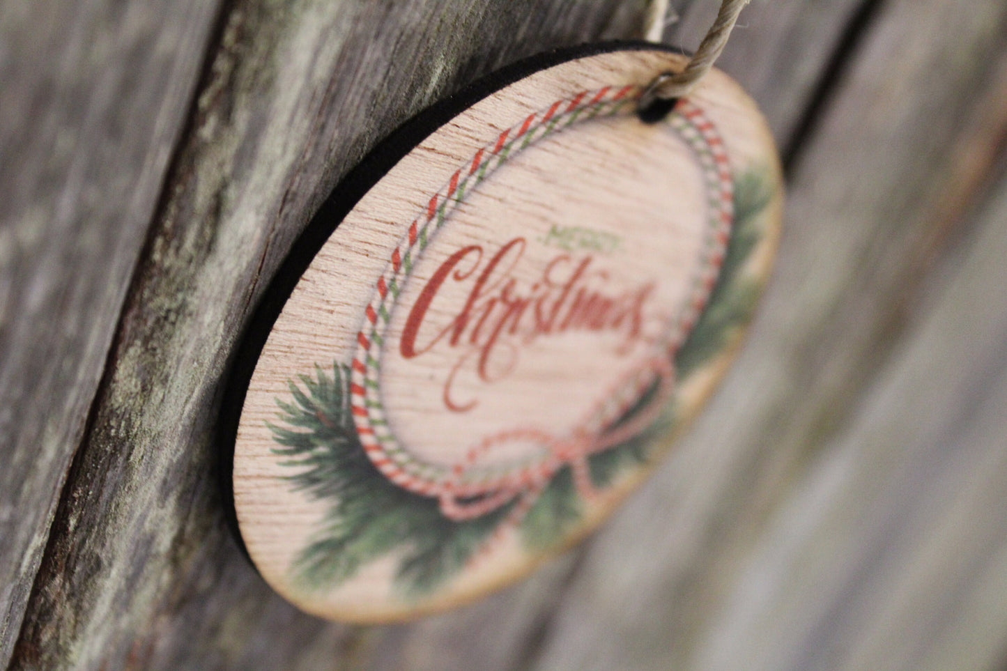 Ornament Merry Christmas Evergreen Wreath Red Green Pine Wood Wall Hanging Tree Rustic Farmhouse Wood Ribbon Script Text