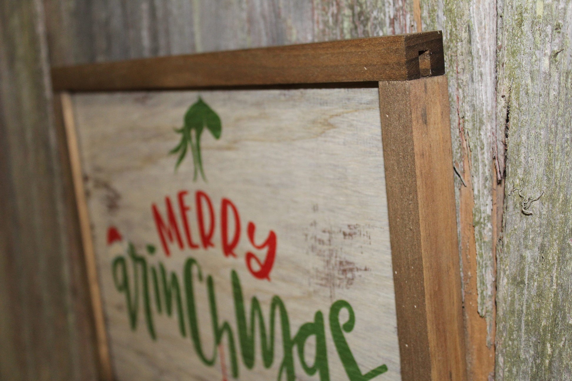 Merry Grinchmas Grinch hand holding ornament Christmas sign rustic white washed wood brown frame made in the USA