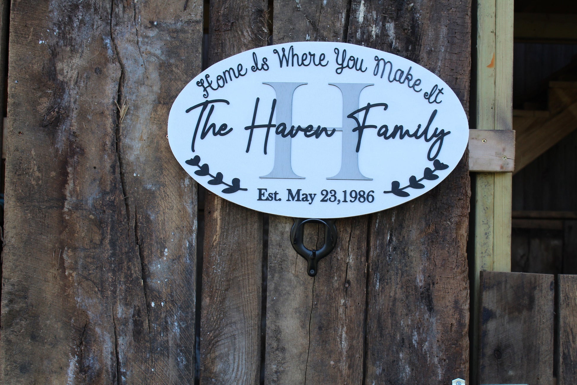 Custom Monogram Last Name Sign Wood Oval Personalized Family Wedding Gift Established Date Home is Where You Make It Raised 3D Script Laurel