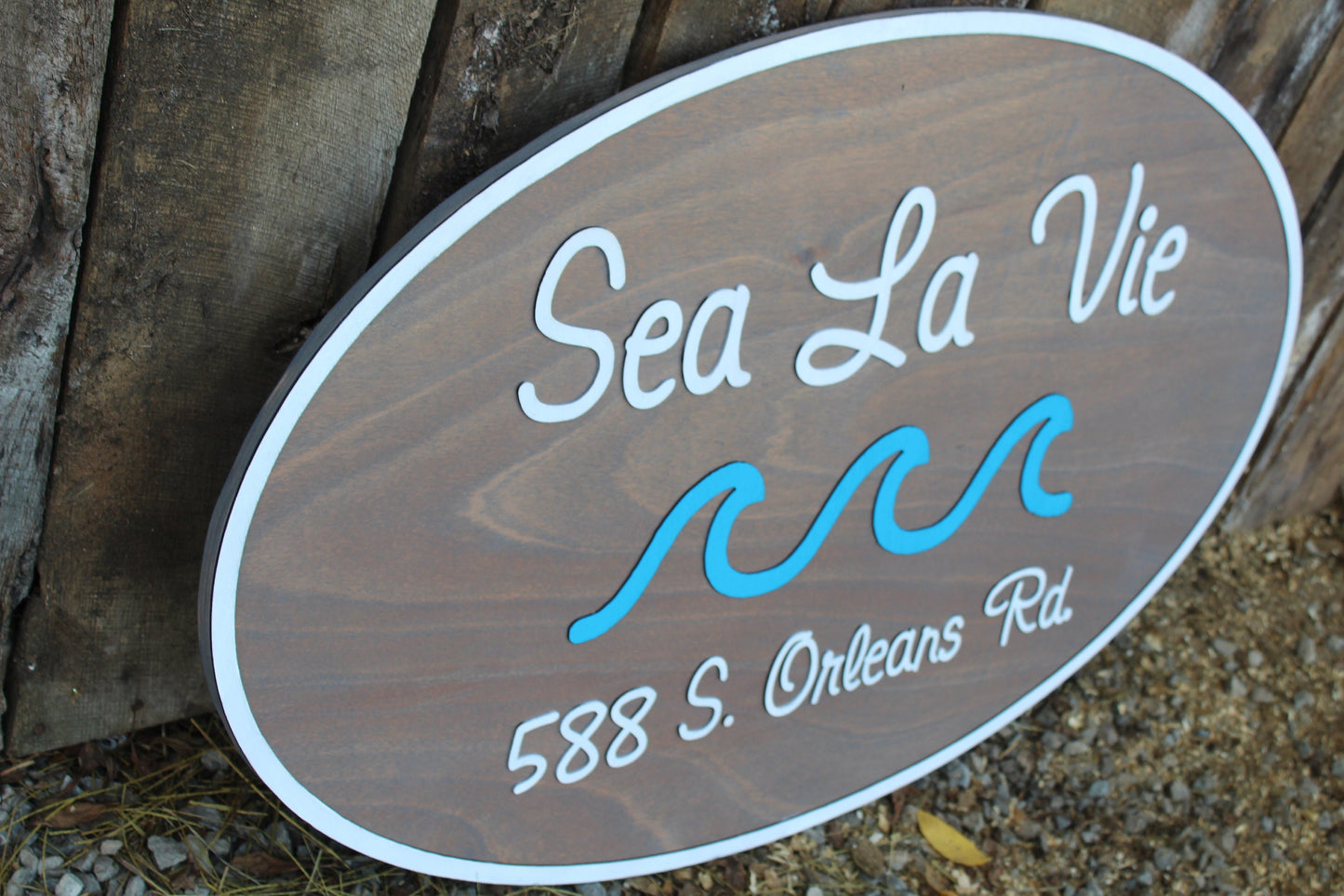 Custom Wood Sign Beach House Ocean Address Sign Entrance Way Gray Business Logo Laser Cut Out Large Oval Custom Wood Sign 3D Raised Text