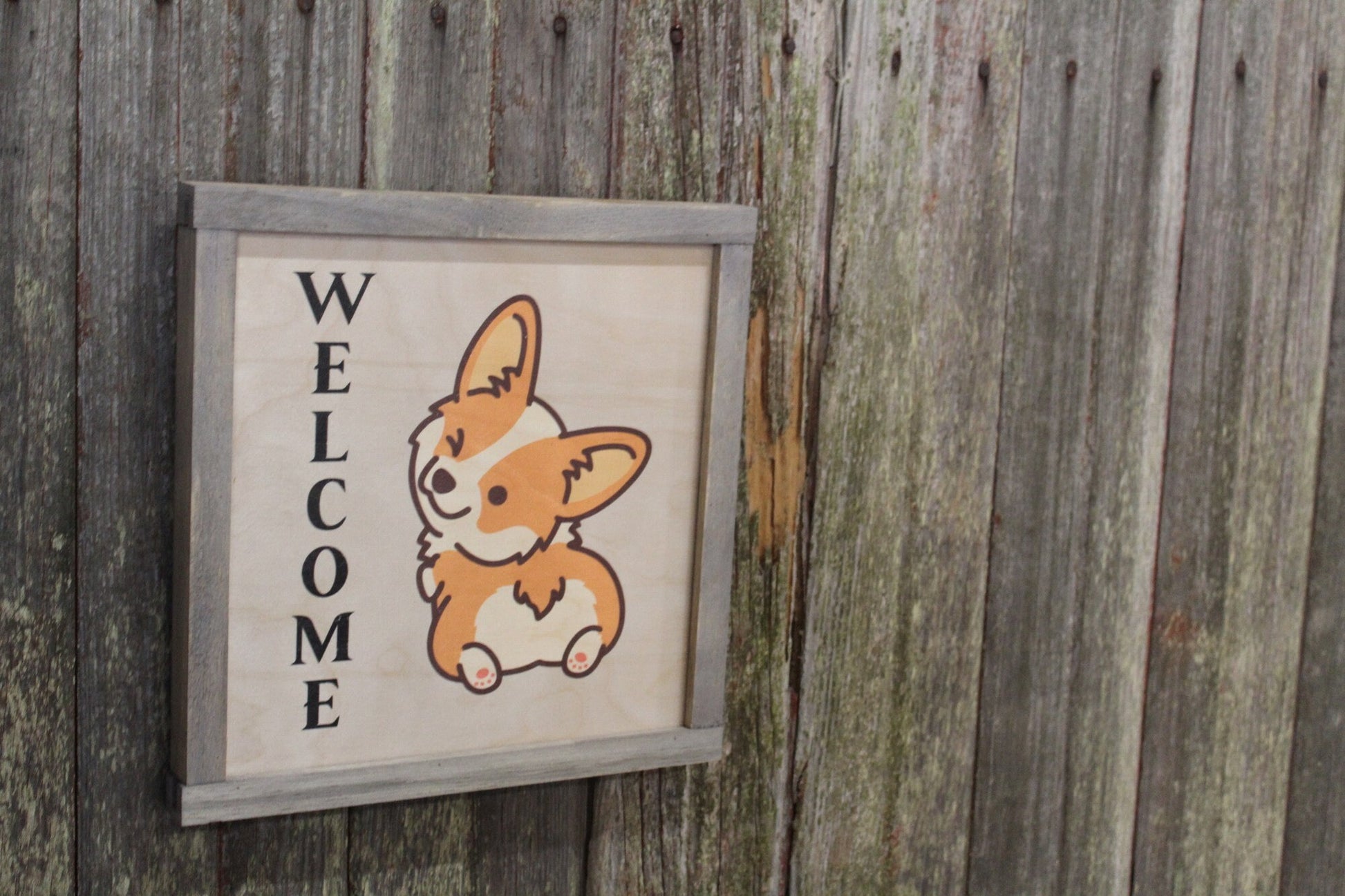 Framed Corgi Welcome Wood Sign Fluffy Butt Winking Dog Welsh Corgi Décor Print Wall Art Decoration Wall Hanging Farmhouse Rustic