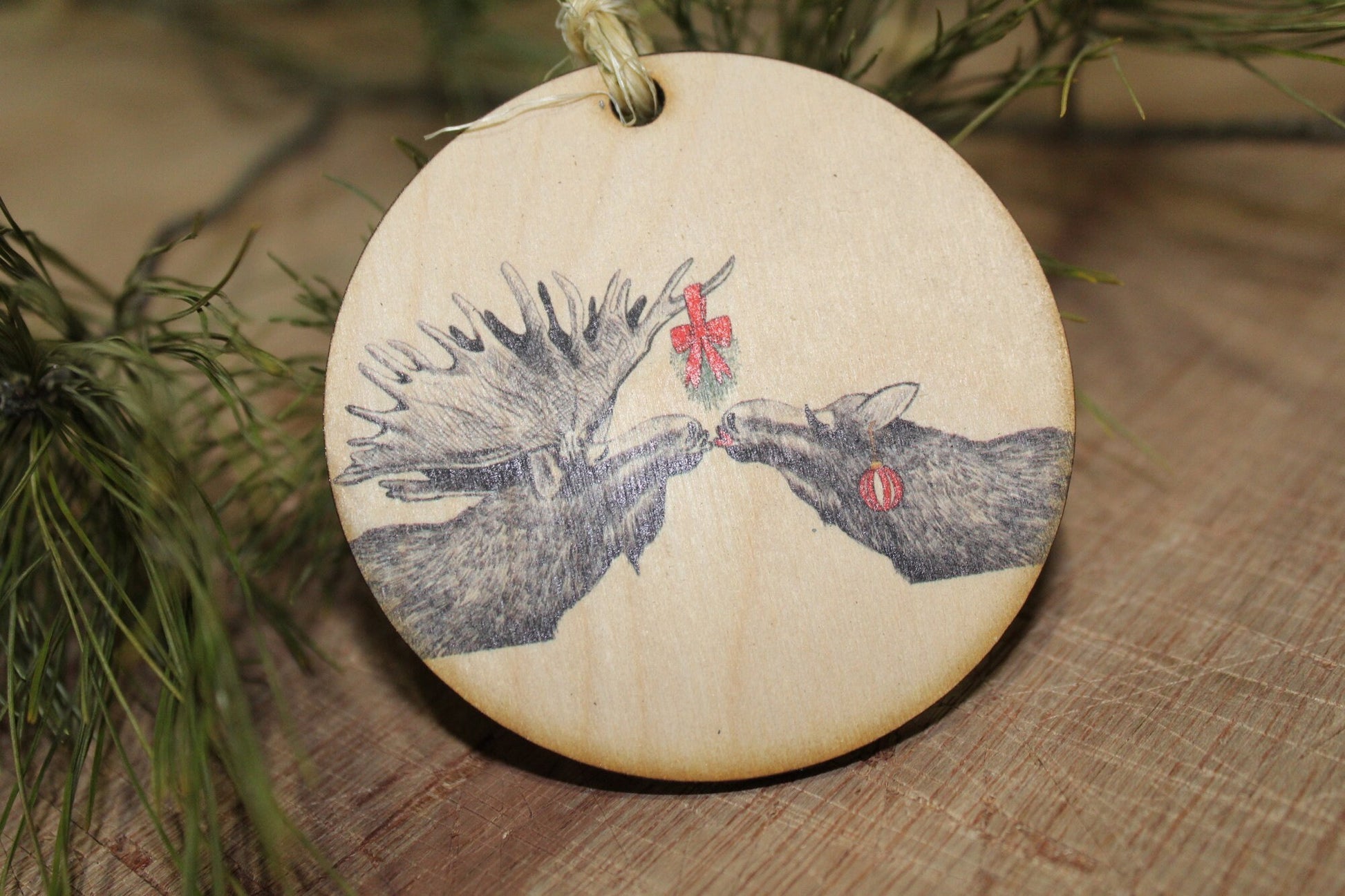 Couple Moose and Bull Christmas Kiss Wood Slice Mistletoe Christmas Mr Mrs Ornament Primitive Face Rustic Tree Printed Antlers Smooch